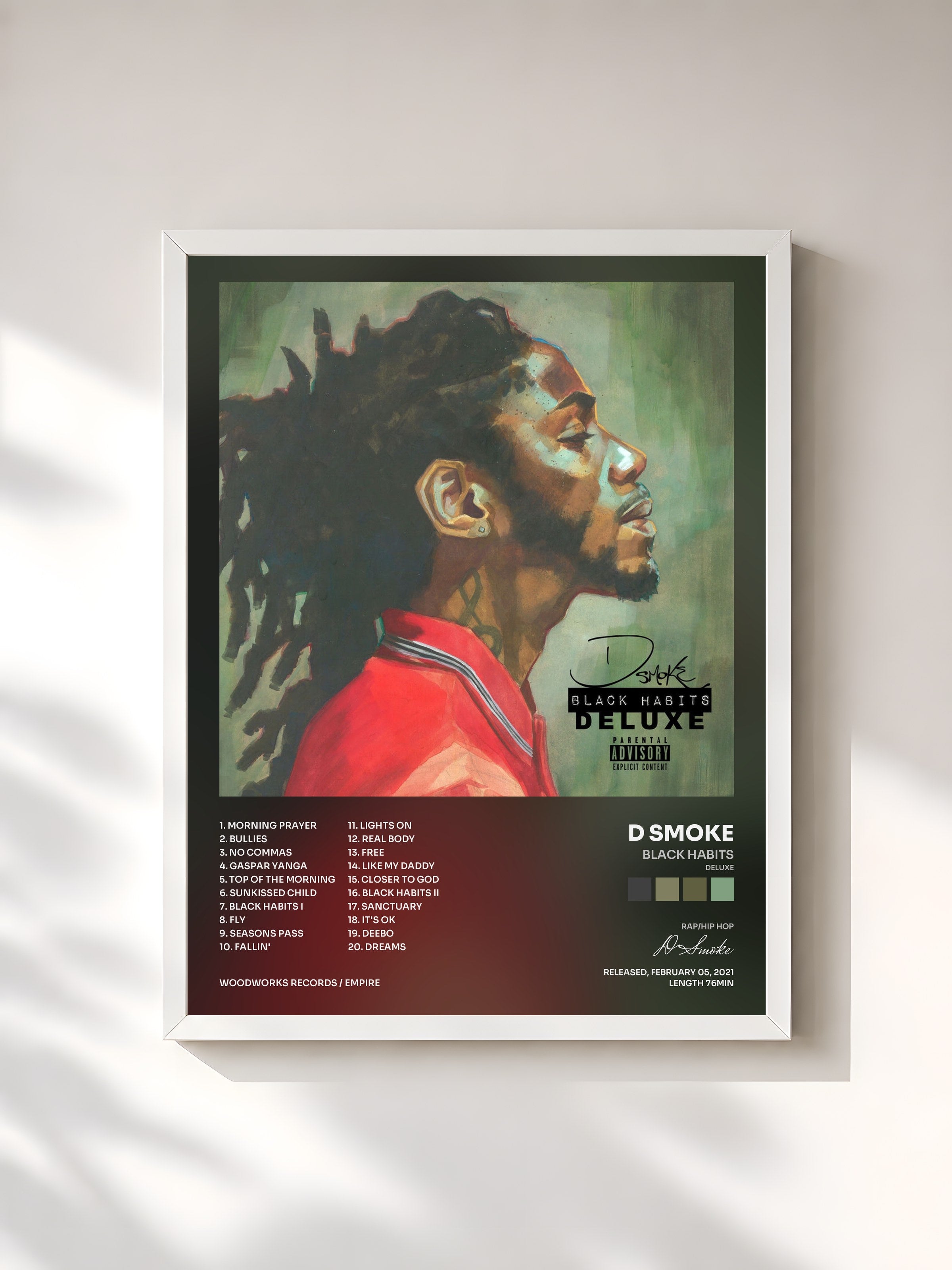 #blanc Tableau de l'album Black Habits (Deluxe) de D Smoke, cadre blanc, imprimé et encadré en France