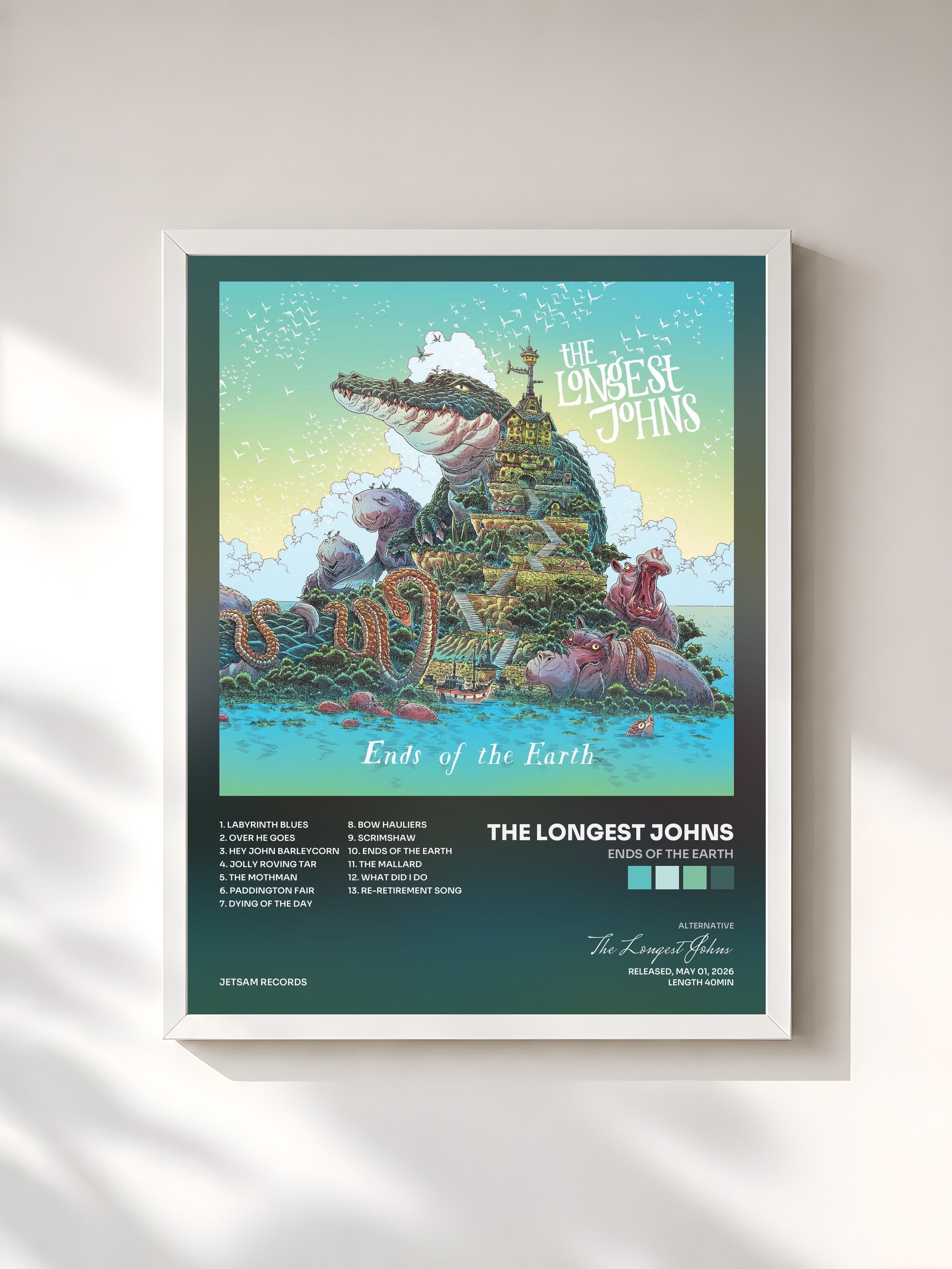 #blanc Tableau de l'album Ends of the Earth de The Longest Johns, cadre blanc, imprimé et encadré en France