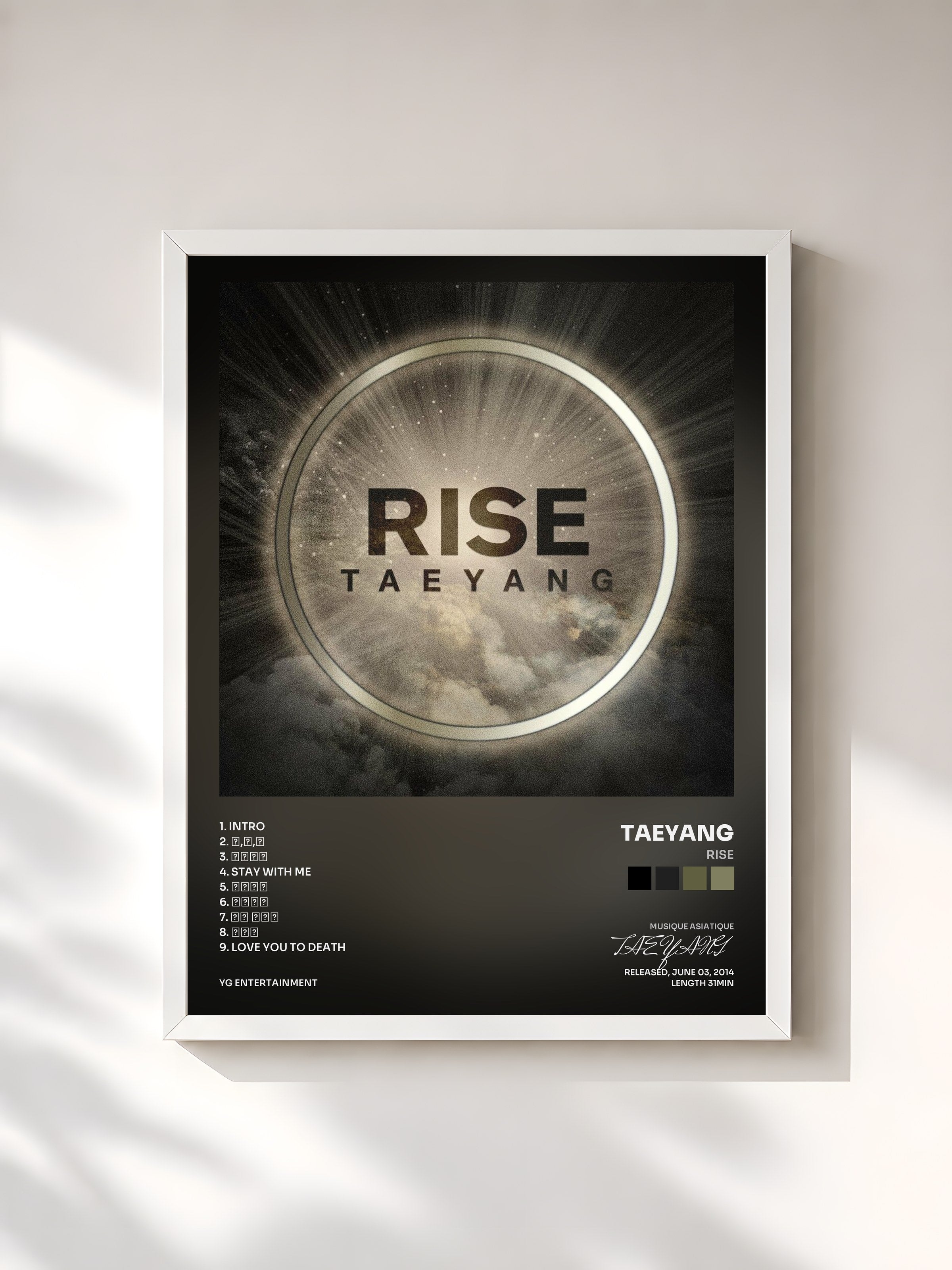 #blanc Tableau de l'album RISE de TAEYANG, cadre blanc, imprimé et encadré en France