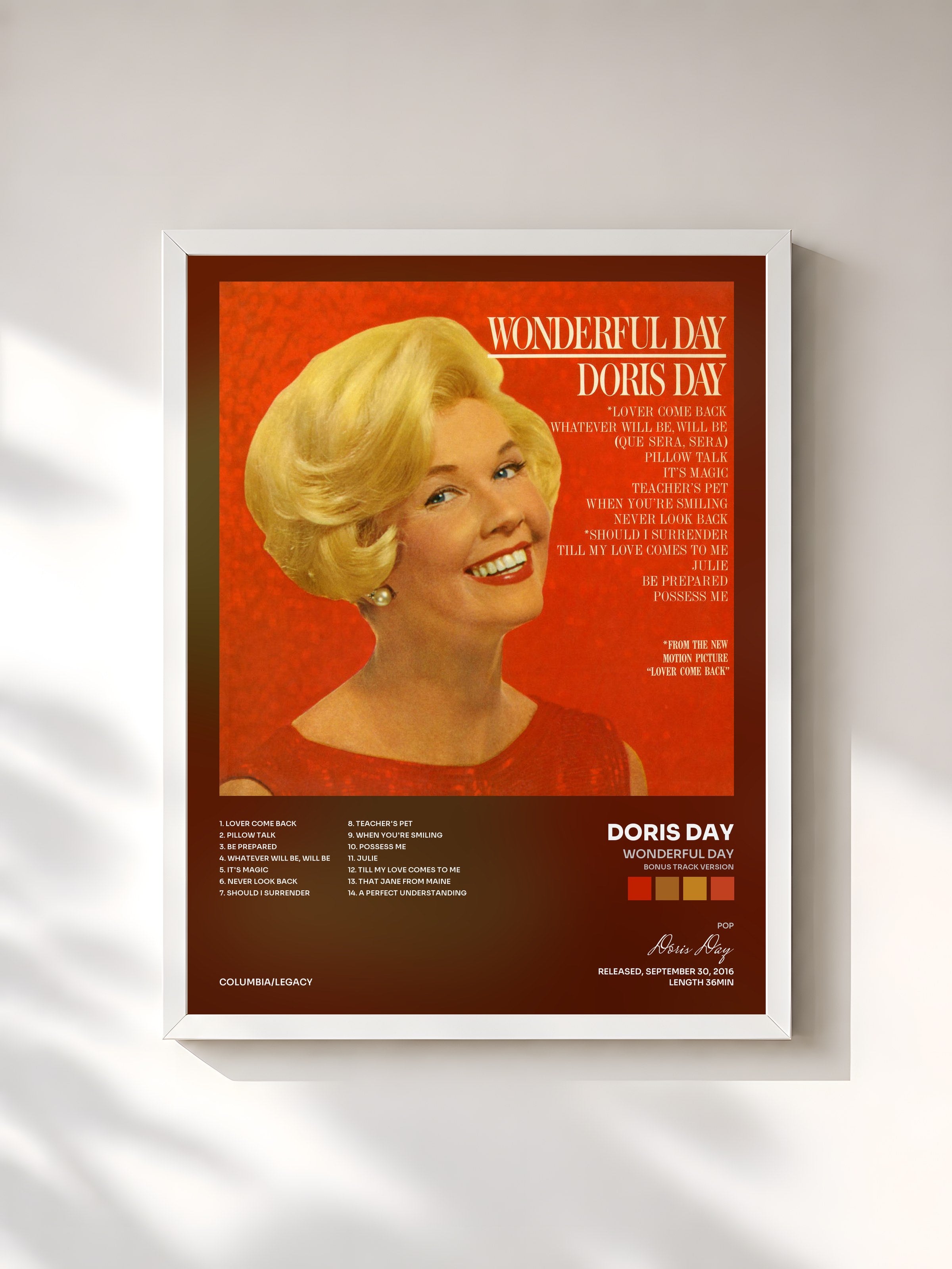 #blanc Tableau de l'album Wonderful Day (Bonus Track Version) de Doris Day, cadre blanc, imprimé et encadré en France