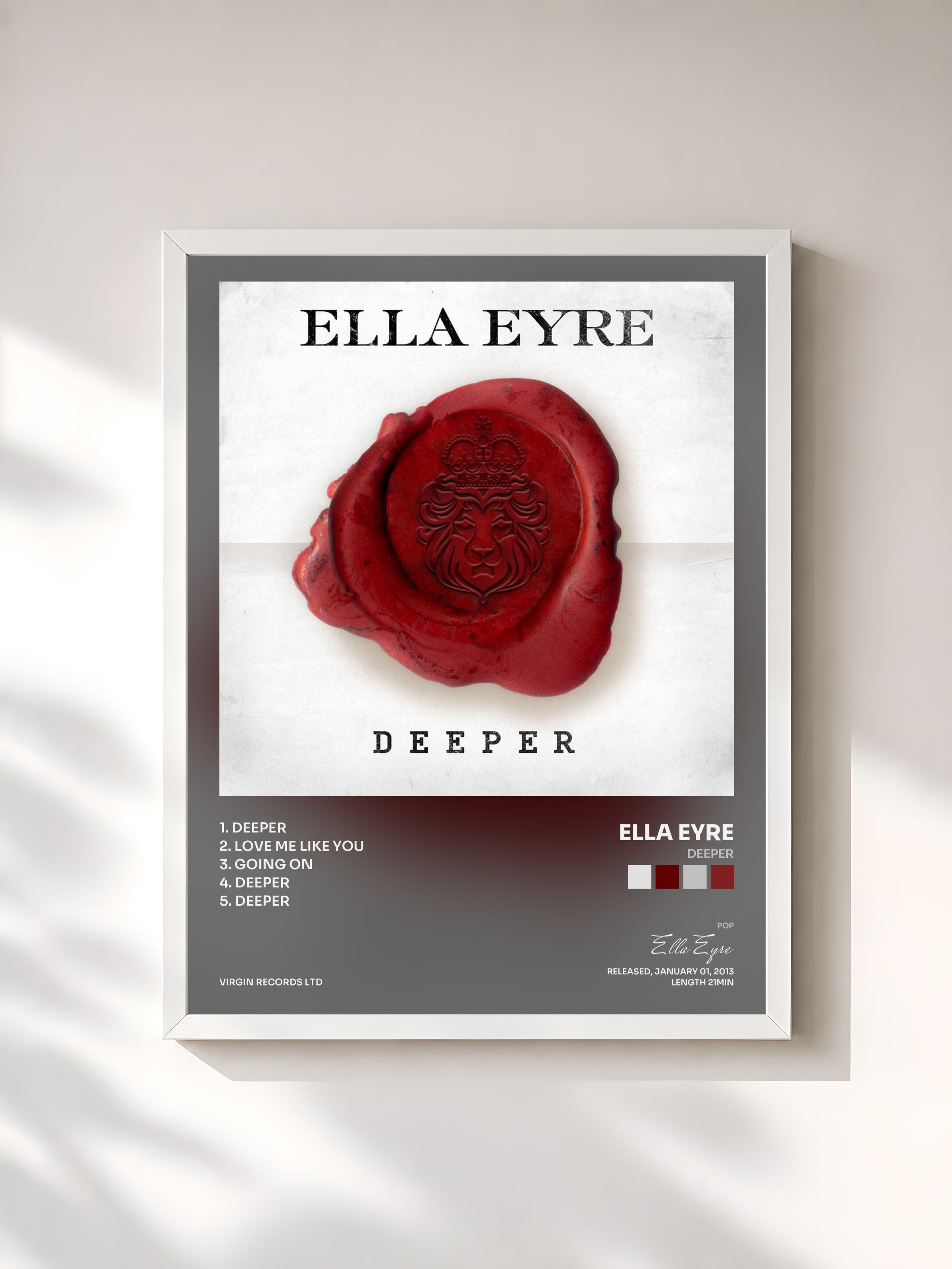 #blanc Tableau de l'album Deeper de Ella Eyre, cadre blanc, imprimé et encadré en France