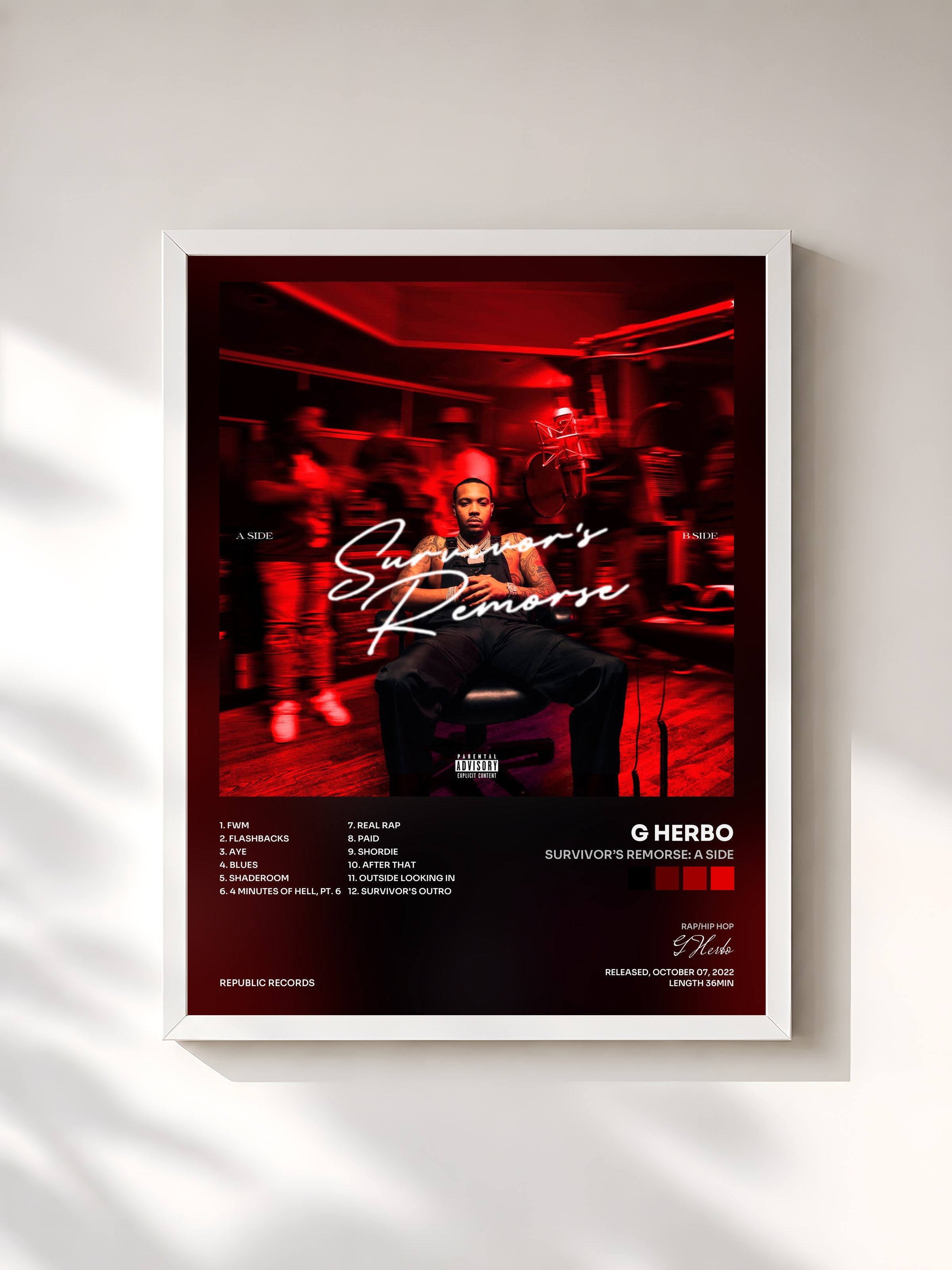 #blanc Tableau de l'album Survivor’s Remorse: A Side de G Herbo, cadre blanc, imprimé et encadré en France