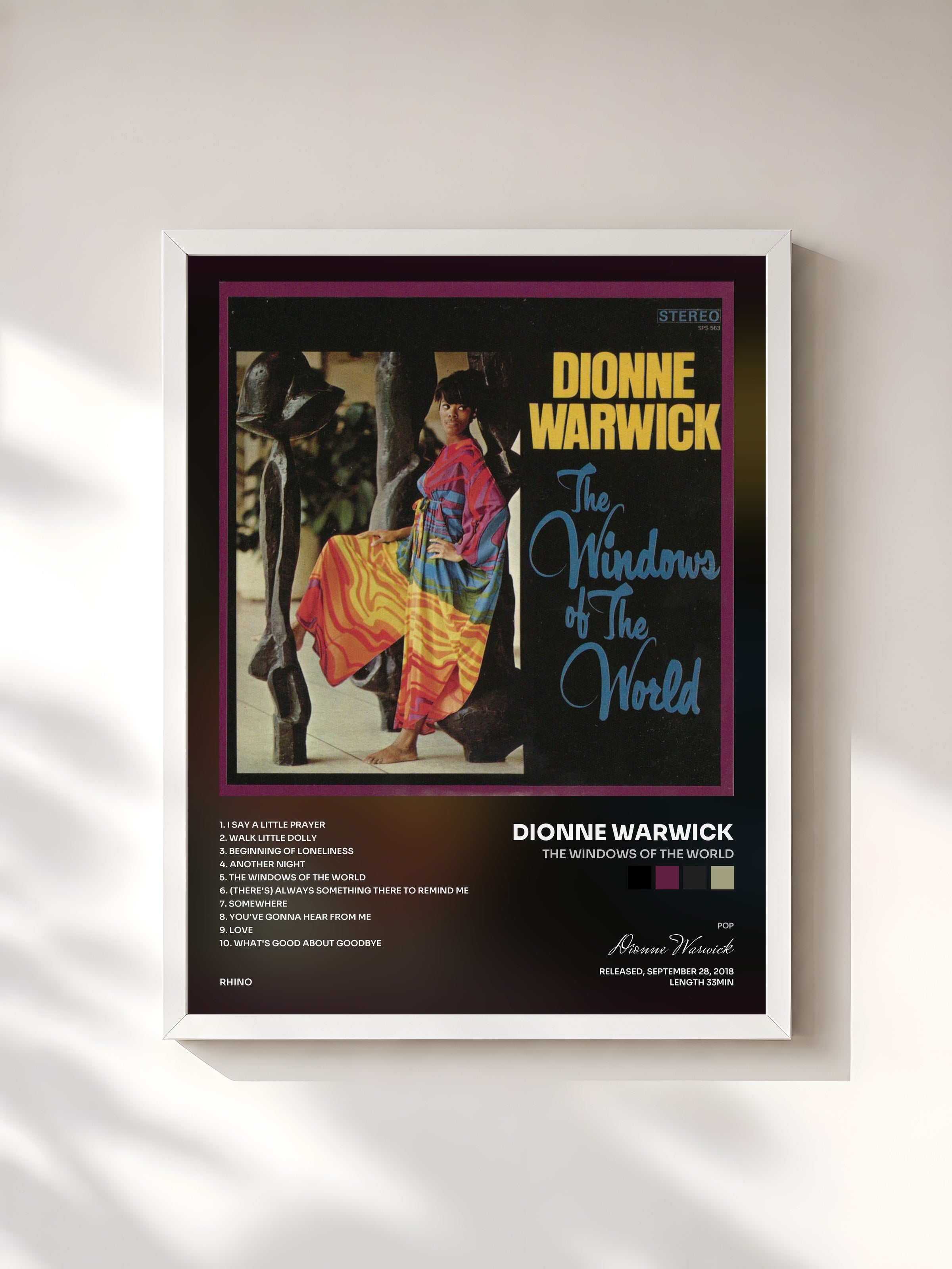 #blanc Tableau de l'album The Windows of the World de Dionne Warwick, cadre blanc, imprimé et encadré en France
