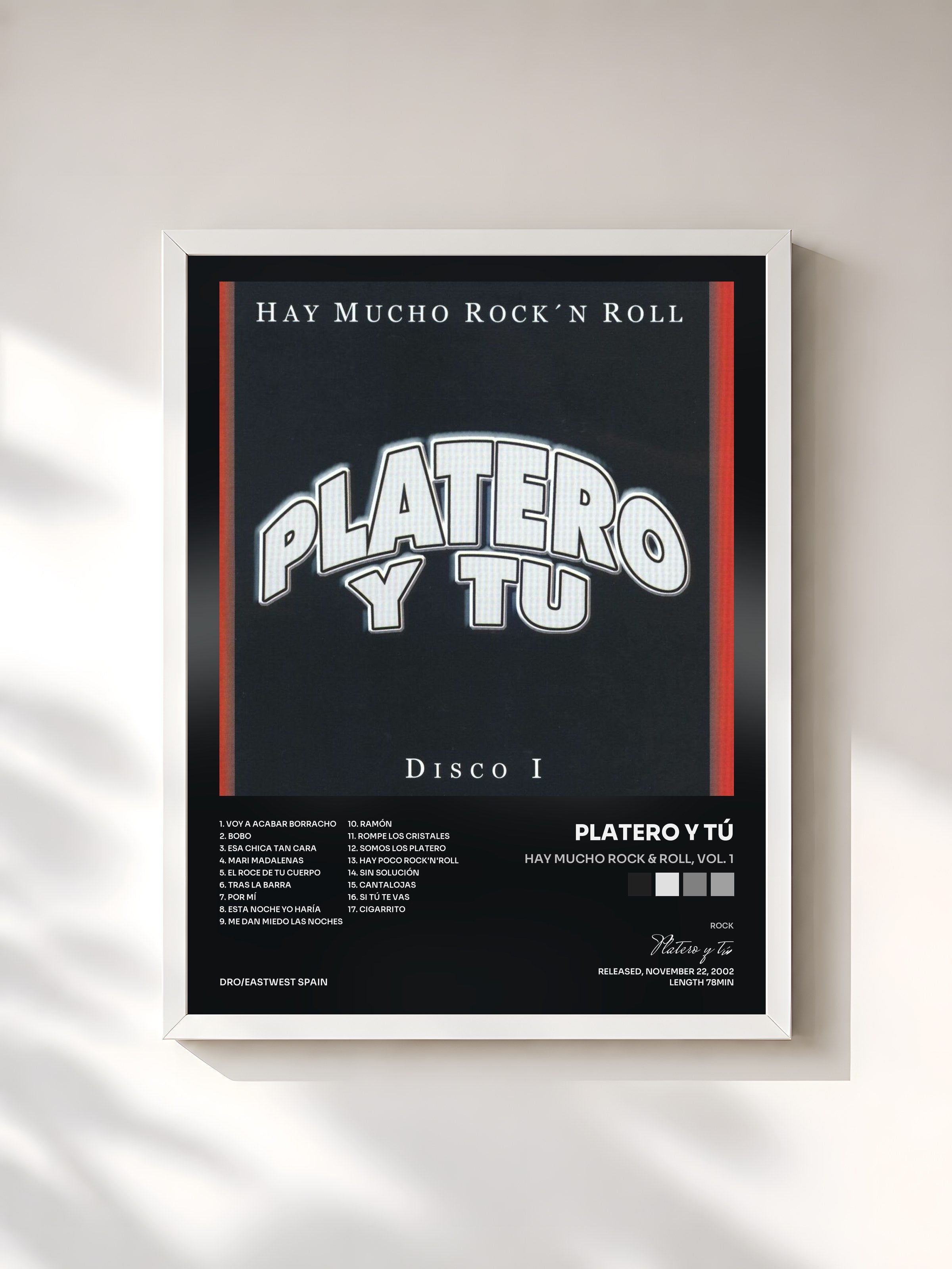 #blanc Tableau de l'album Hay Mucho Rock & Roll, Vol. 1 de Platero y tú, cadre blanc, imprimé et encadré en France