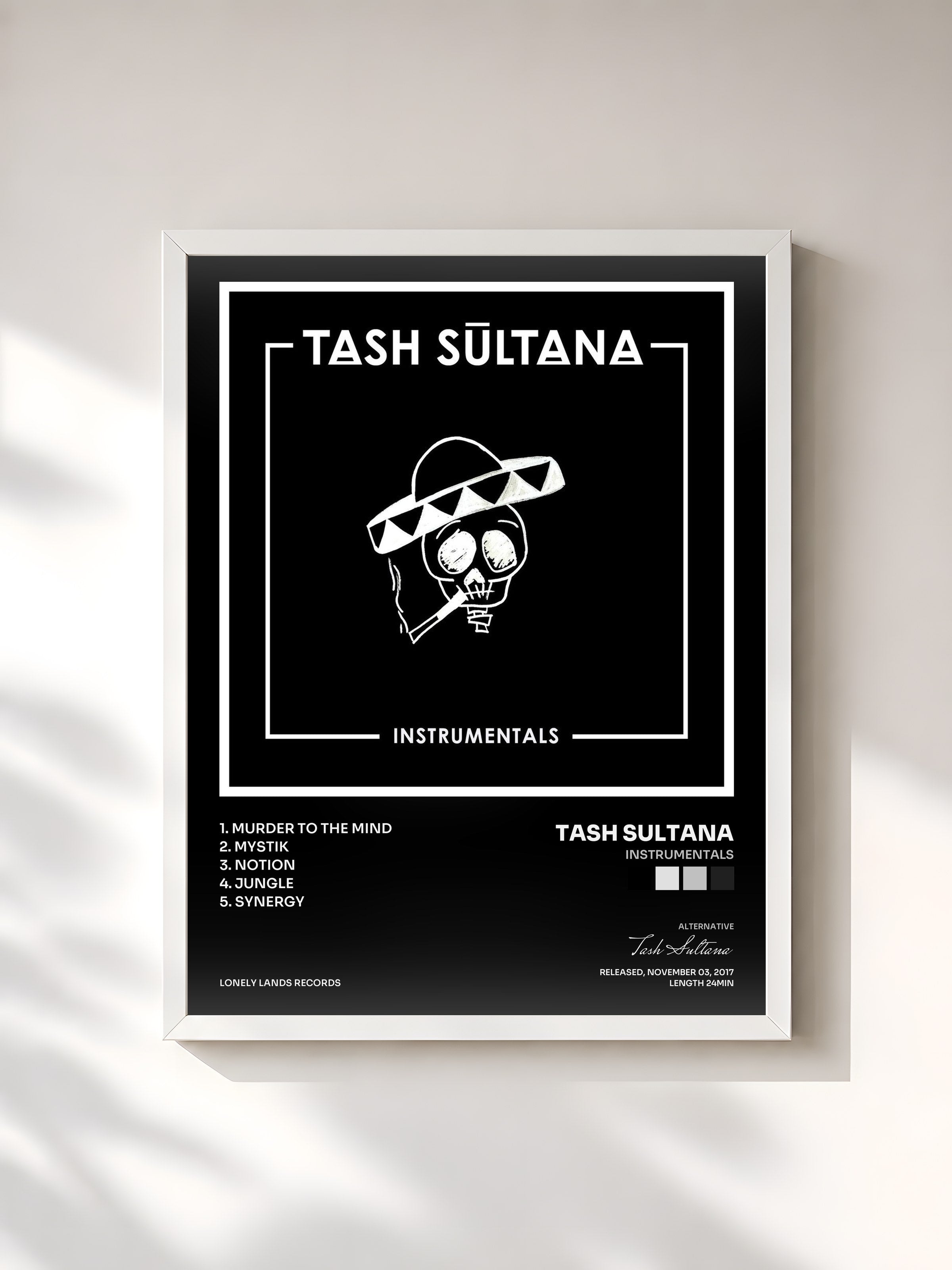 #blanc Tableau de l'album Instrumentals de Tash Sultana, cadre blanc, imprimé et encadré en France