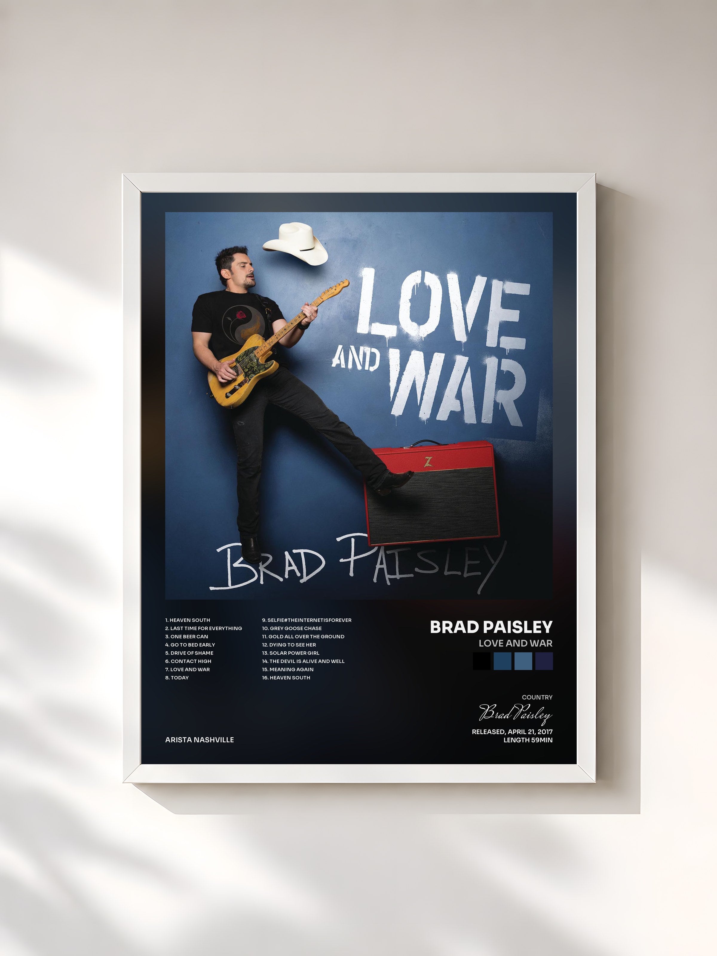 #blanc Tableau de l'album Love and War de Brad Paisley, cadre blanc, imprimé et encadré en France