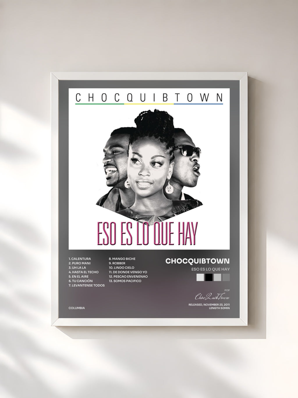#blanc Tableau de l'album Eso es lo que hay de ChocQuibTown, cadre blanc, imprimé et encadré en France