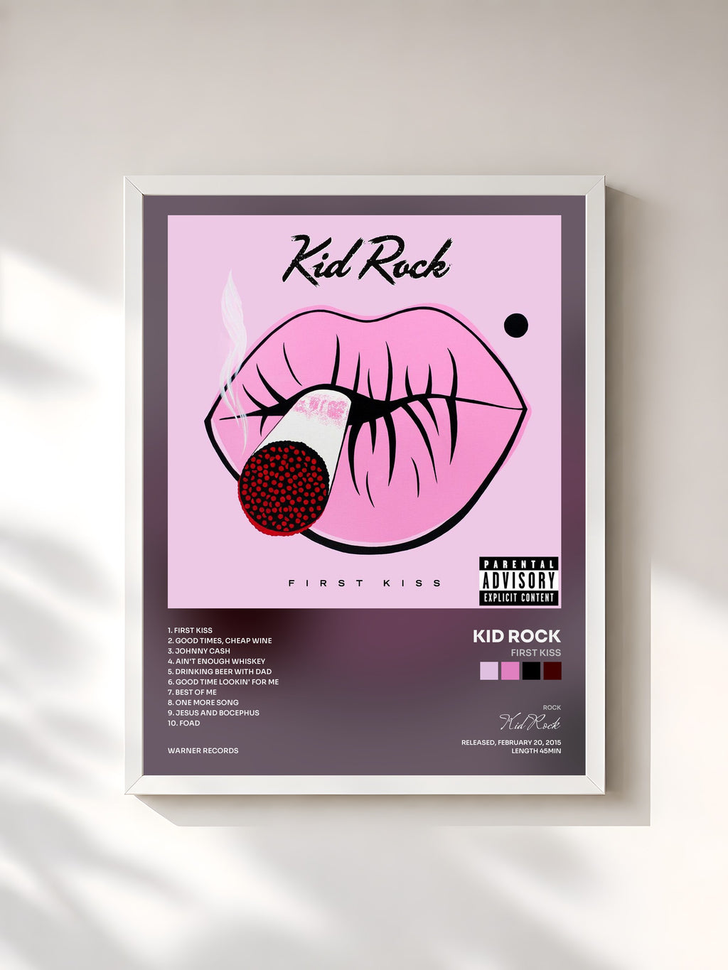 #blanc Tableau de l'album First Kiss de Kid Rock, cadre blanc, imprimé et encadré en France