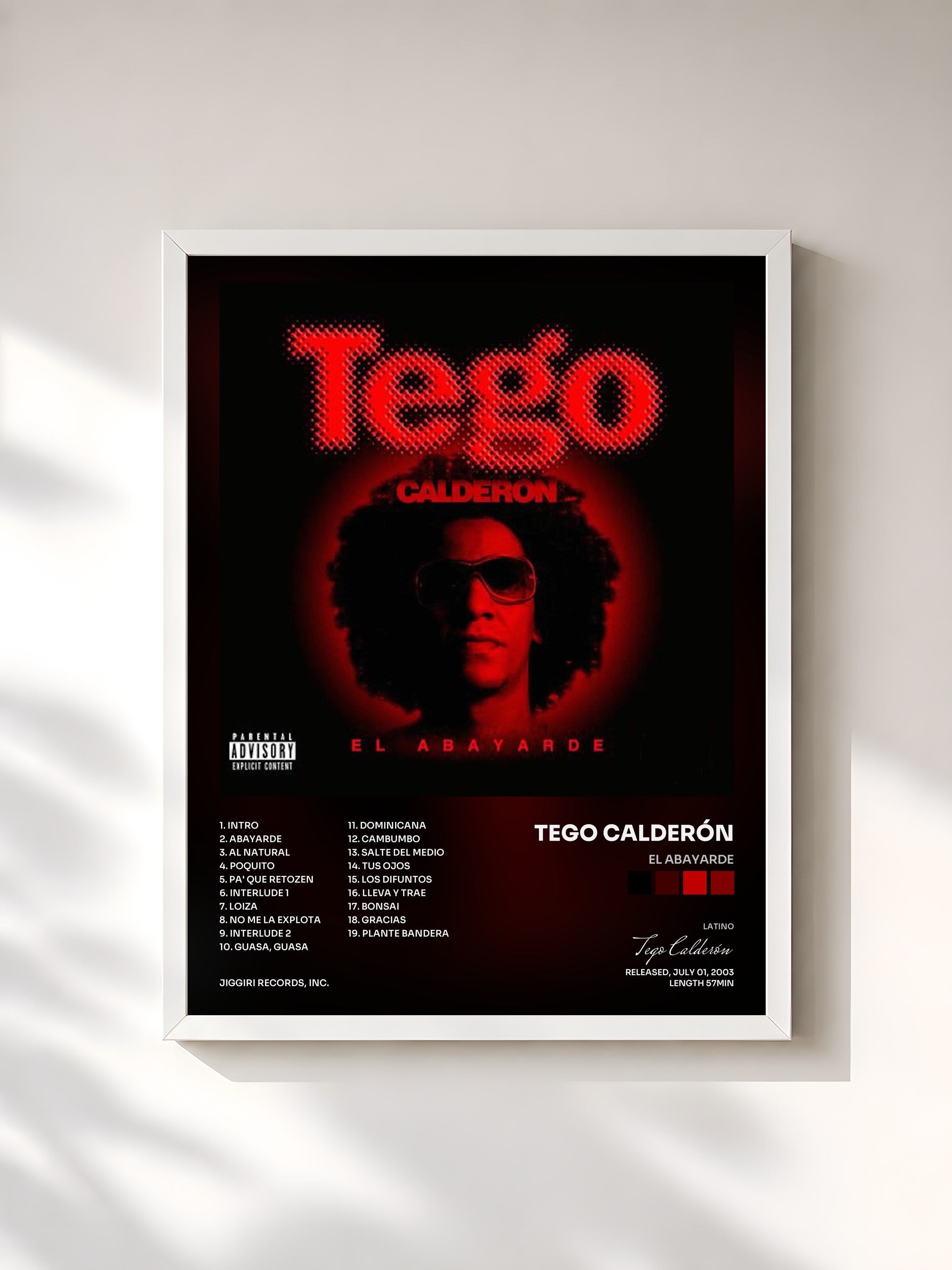 #blanc Tableau de l'album El Abayarde de Tego Calderón, cadre blanc, imprimé et encadré en France