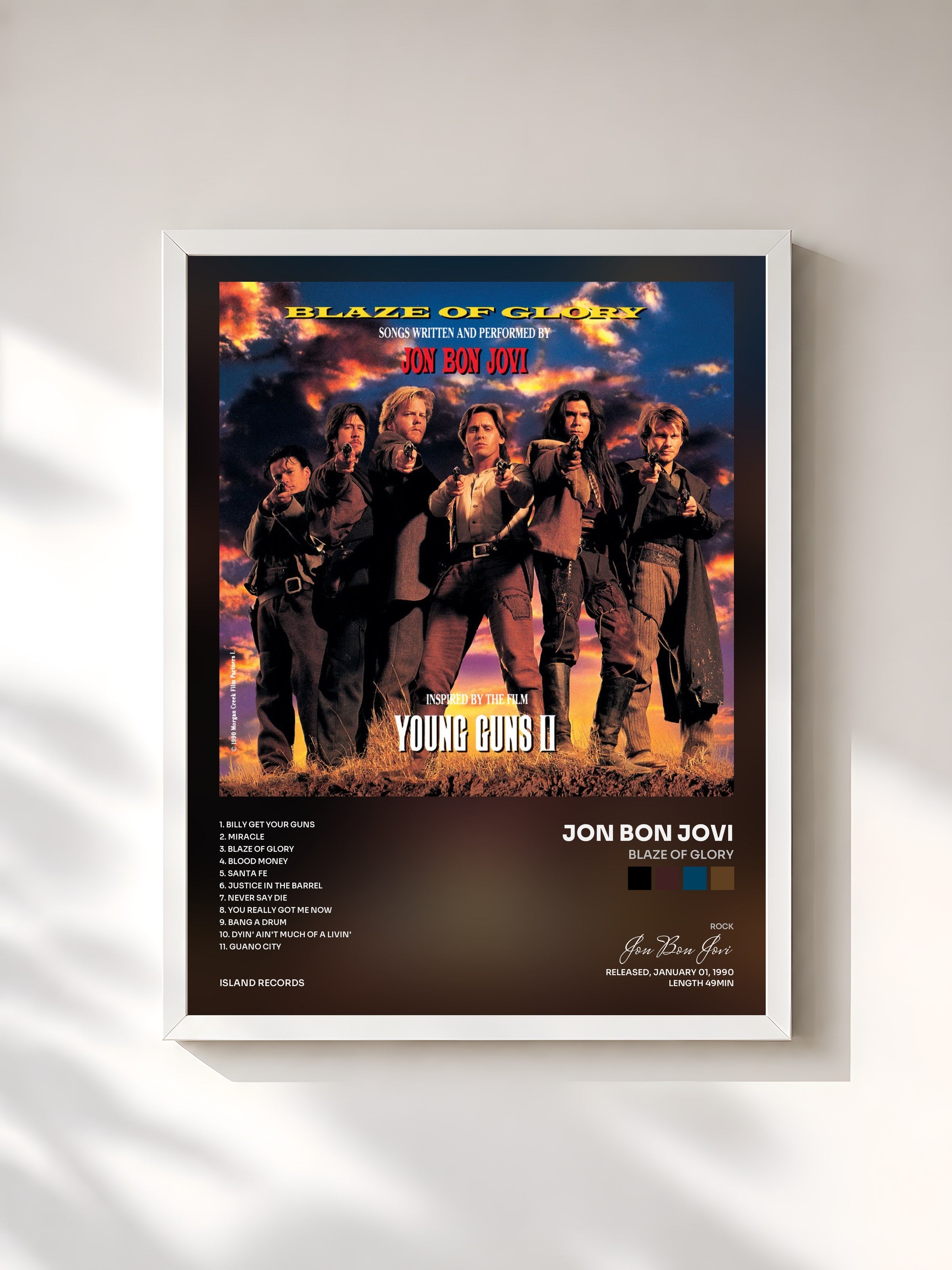 #blanc Tableau de l'album Blaze Of Glory de Jon Bon Jovi, cadre blanc, imprimé et encadré en France