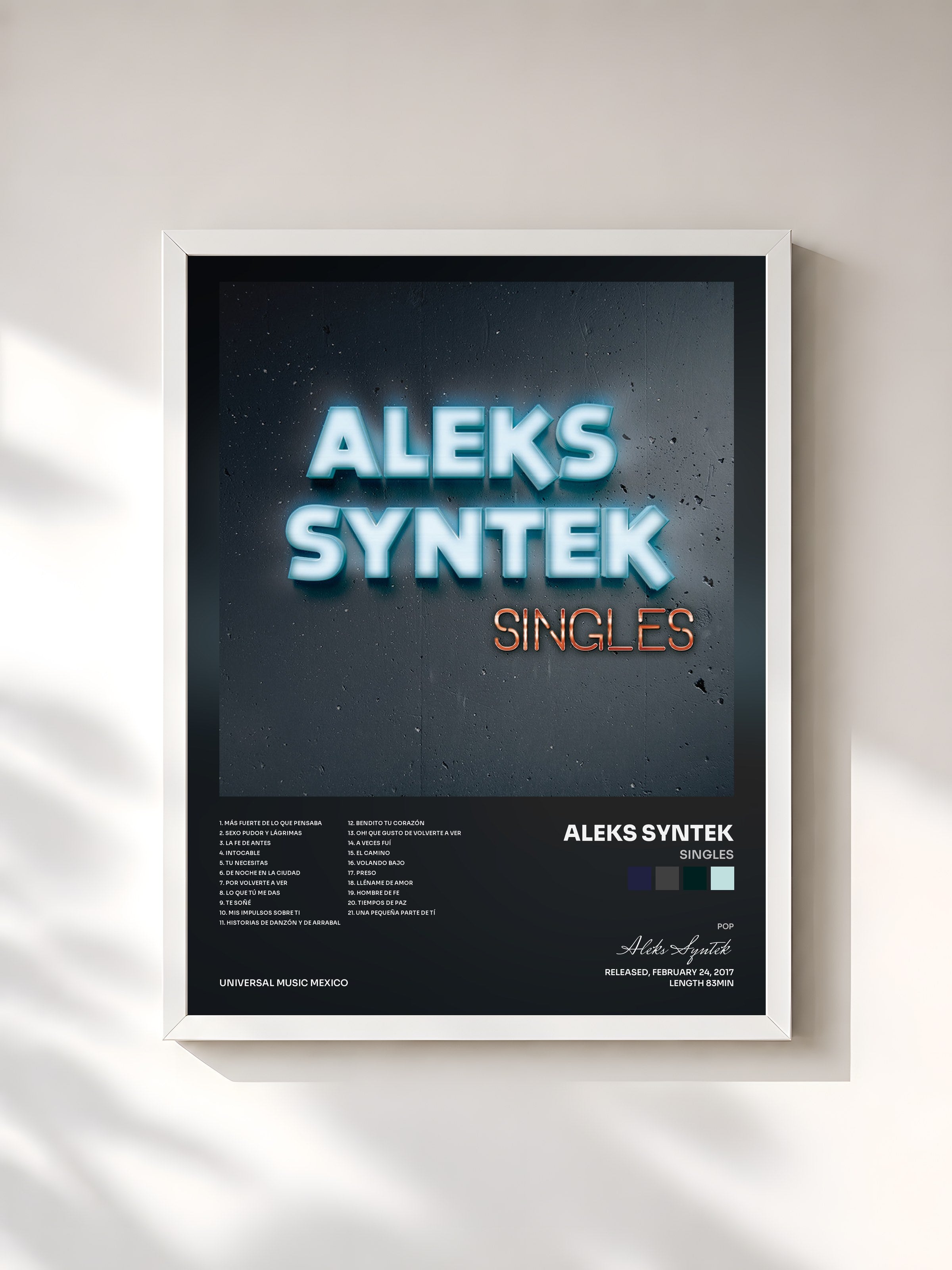 #blanc Tableau de l'album Singles de Aleks Syntek, cadre blanc, imprimé et encadré en France