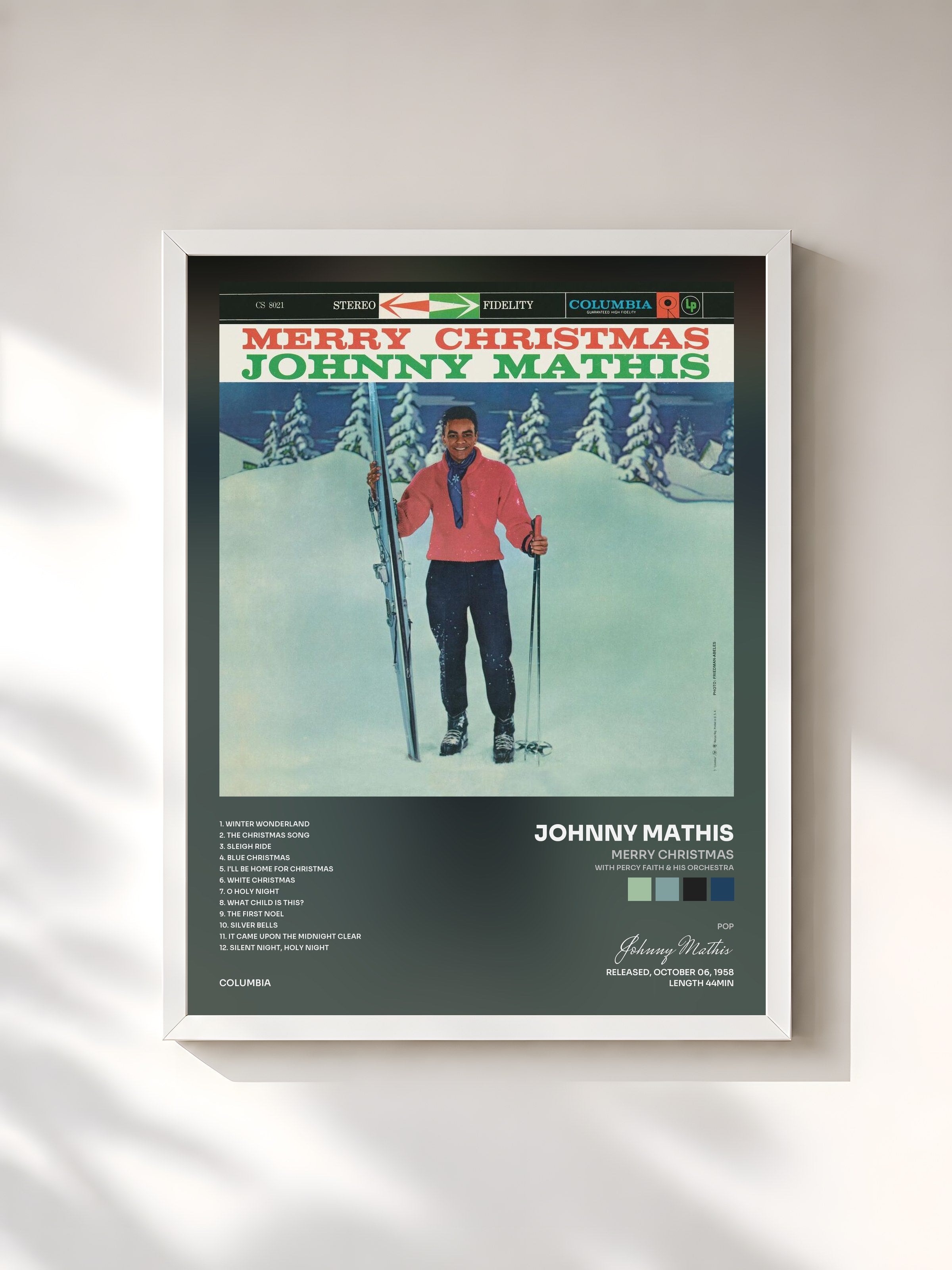 #blanc Tableau de l'album Merry Christmas (with Percy Faith & His Orchestra) de Johnny Mathis, cadre blanc, imprimé et encadré en France