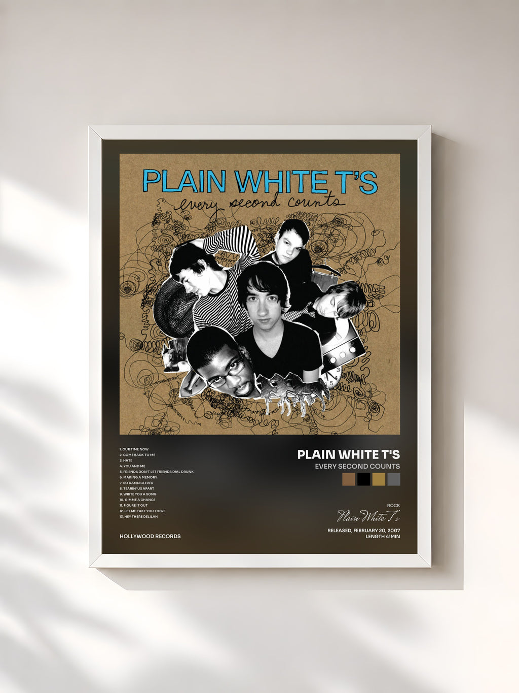#blanc Tableau de l'album Every Second Counts de Plain White T's, cadre blanc, imprimé et encadré en France