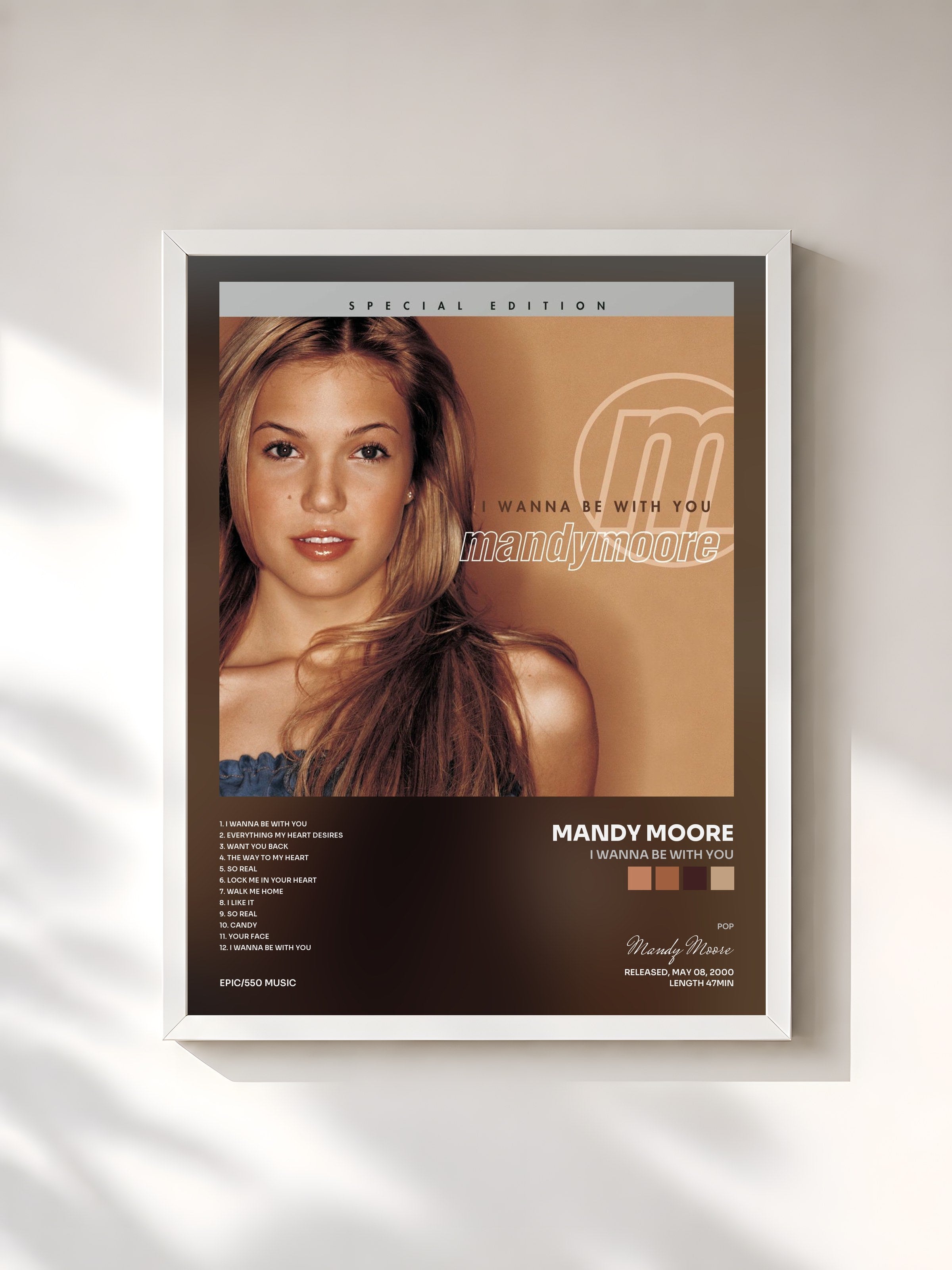 #blanc Tableau de l'album I Wanna Be With You de Mandy Moore, cadre blanc, imprimé et encadré en France