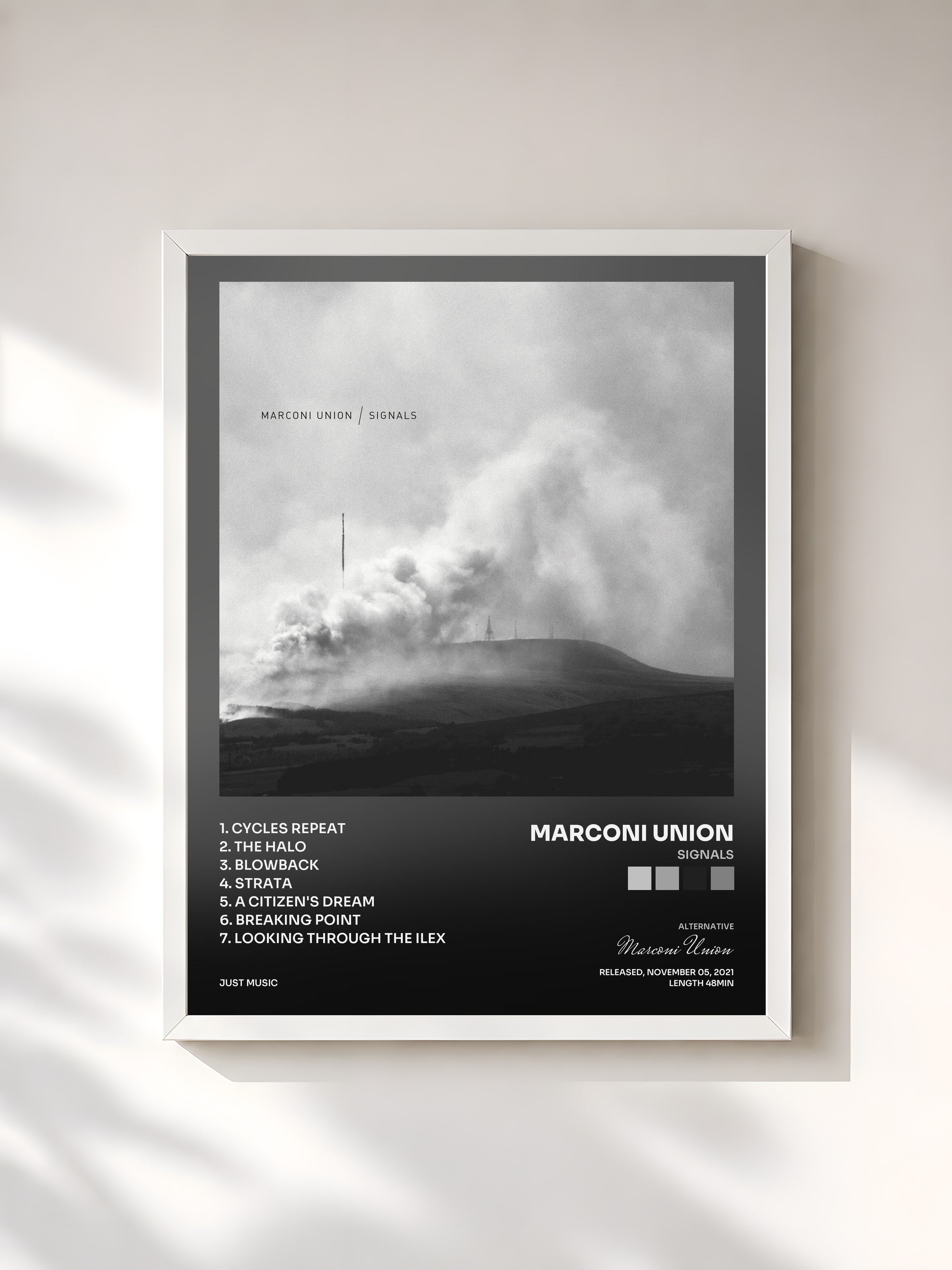 #blanc Tableau de l'album Signals de Marconi Union, cadre blanc, imprimé et encadré en France