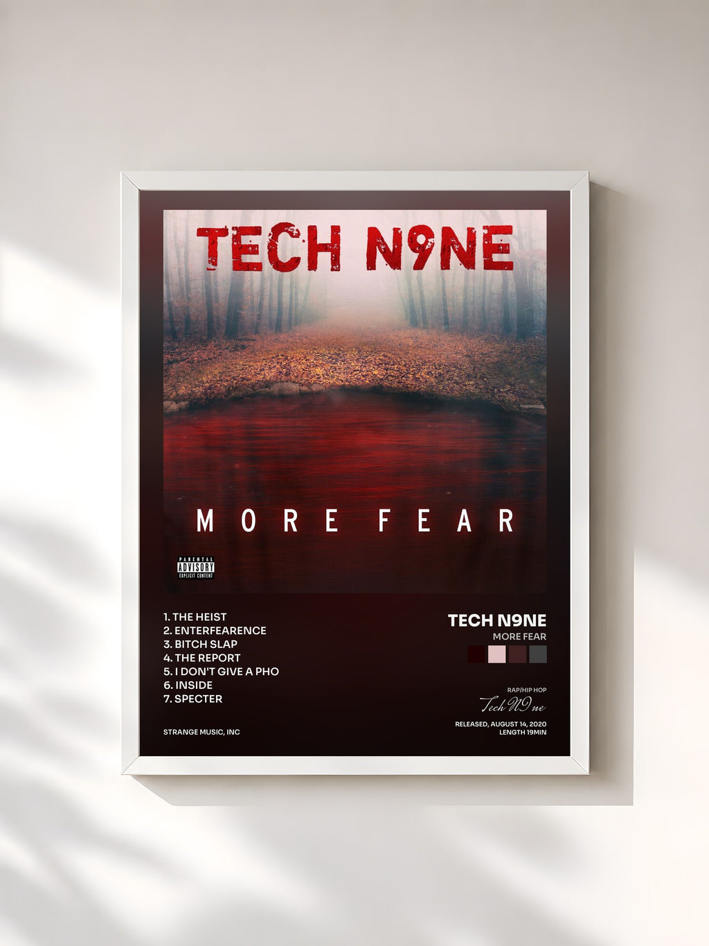 #blanc Tableau de l'album MORE FEAR de Tech N9ne, cadre blanc, imprimé et encadré en France