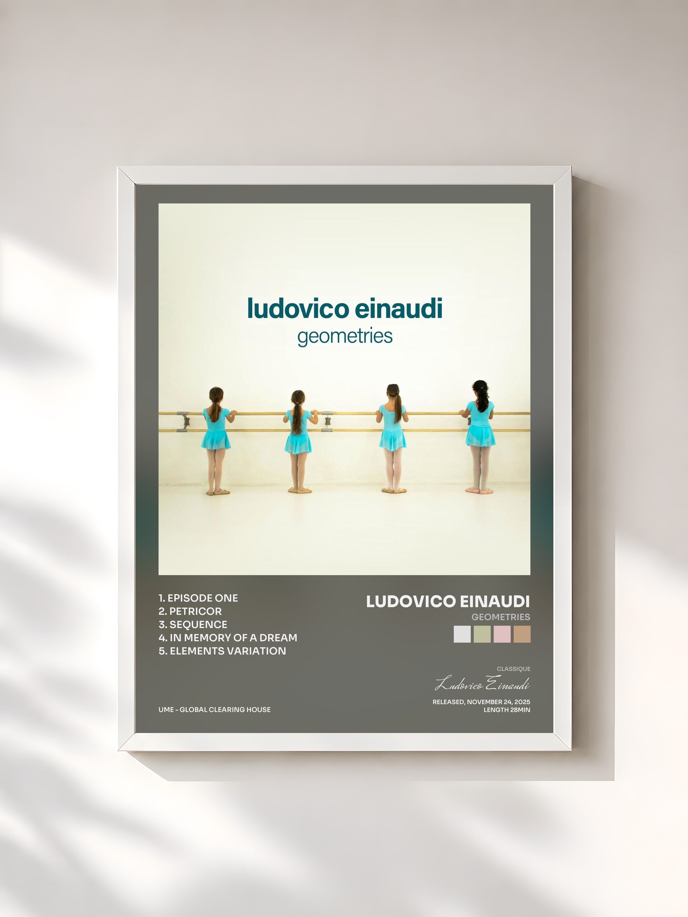 #blanc Tableau de l'album geometries de Ludovico Einaudi, cadre blanc, imprimé et encadré en France