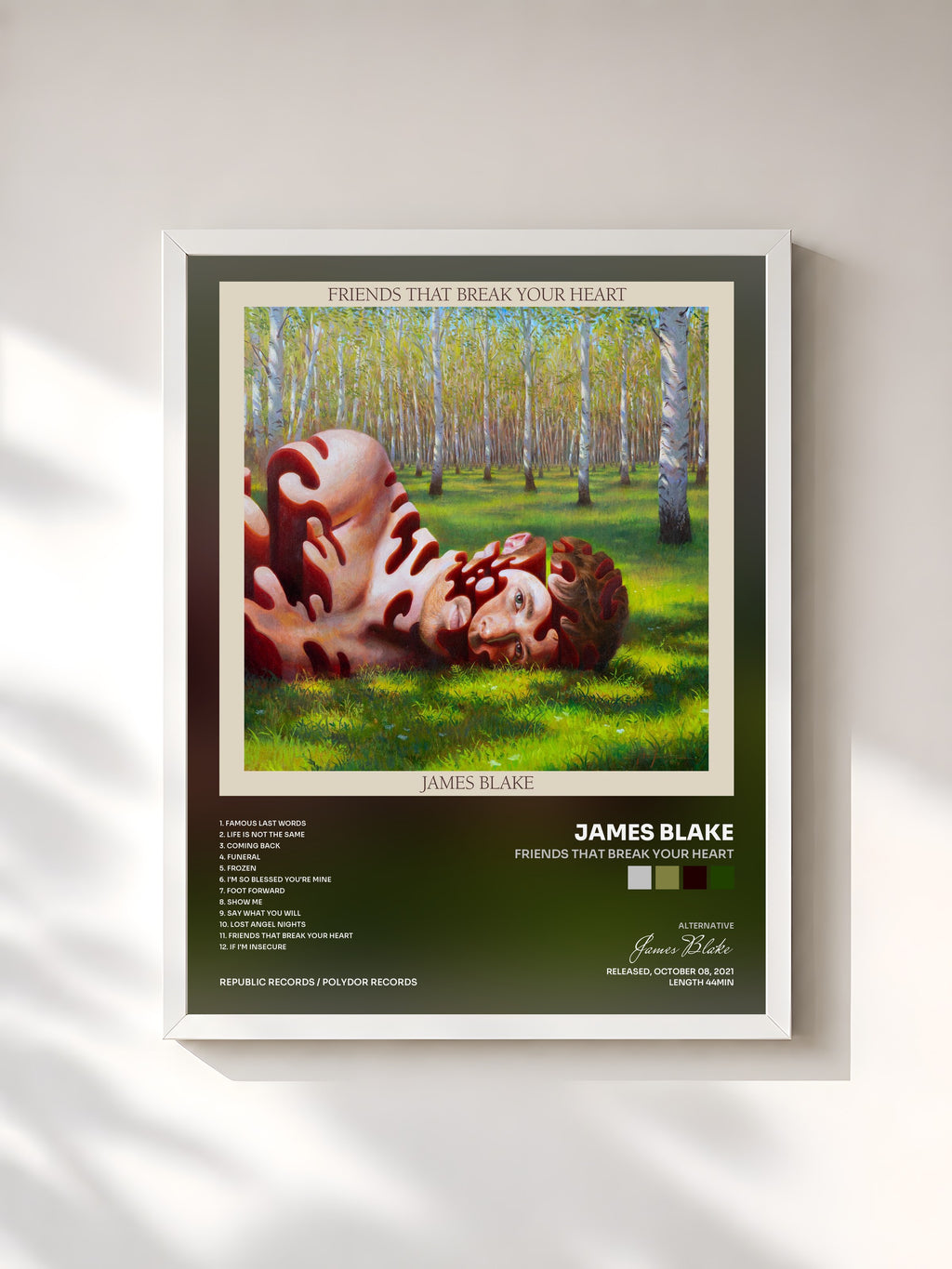 #blanc Tableau de l'album Friends That Break Your Heart de James Blake, cadre blanc, imprimé et encadré en France