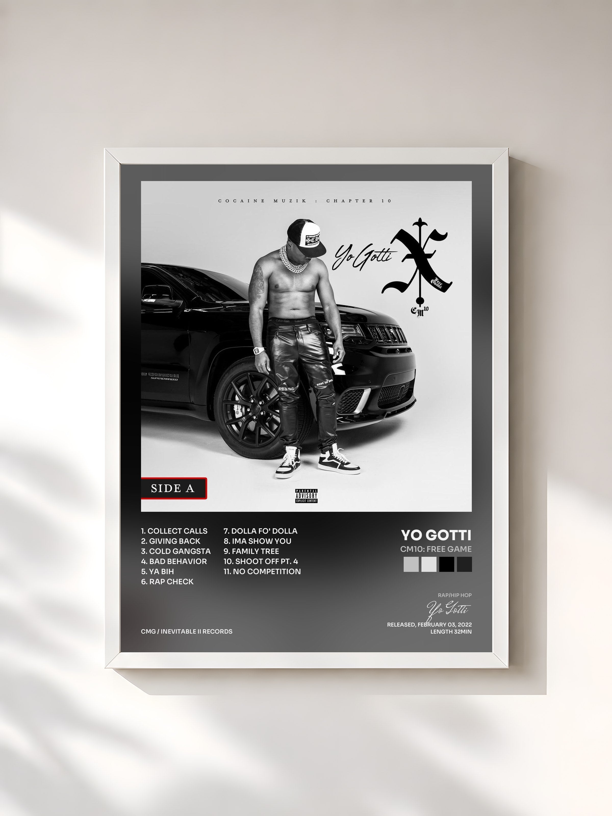 #blanc Tableau de l'album CM10: Free Game de Yo Gotti, cadre blanc, imprimé et encadré en France