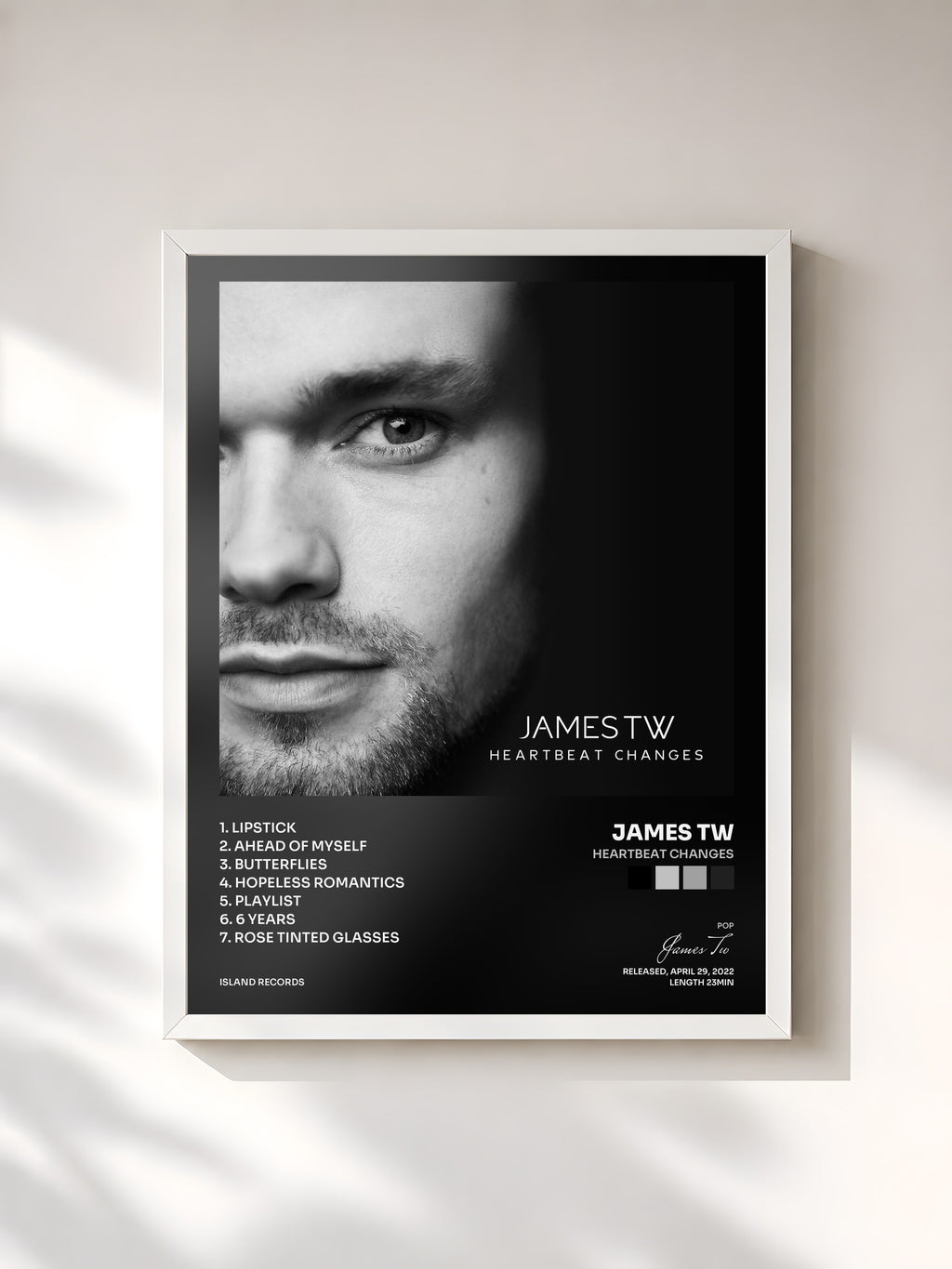 #blanc Tableau de l'album Heartbeat Changes de James Tw, cadre blanc, imprimé et encadré en France