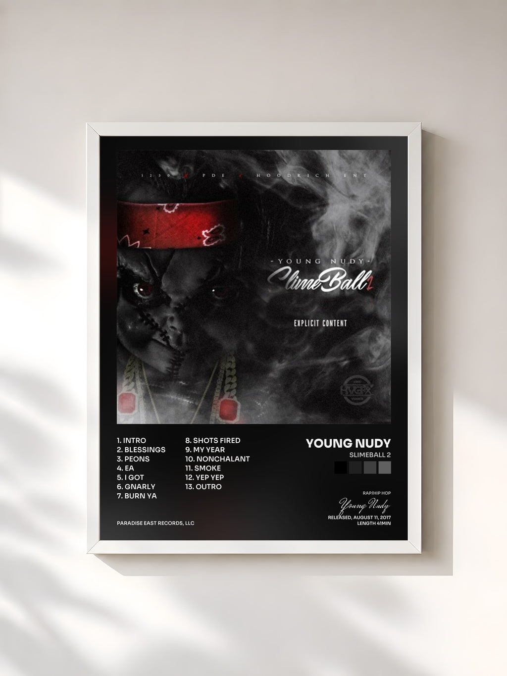 #blanc Tableau de l'album SlimeBall 2 de Young Nudy, cadre blanc, imprimé et encadré en France