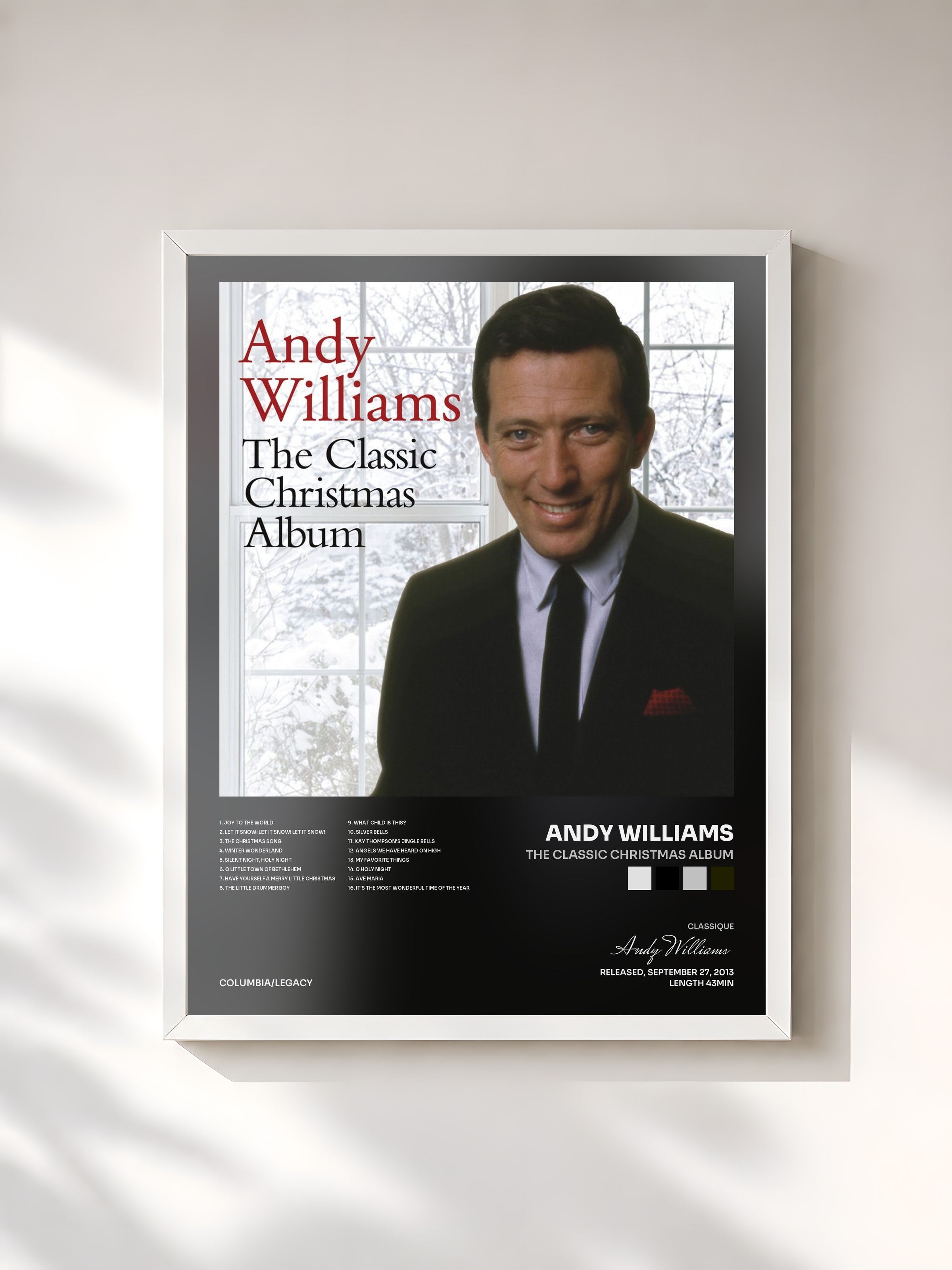 #blanc Tableau de l'album The Classic Christmas Album de Andy Williams, cadre blanc, imprimé et encadré en France