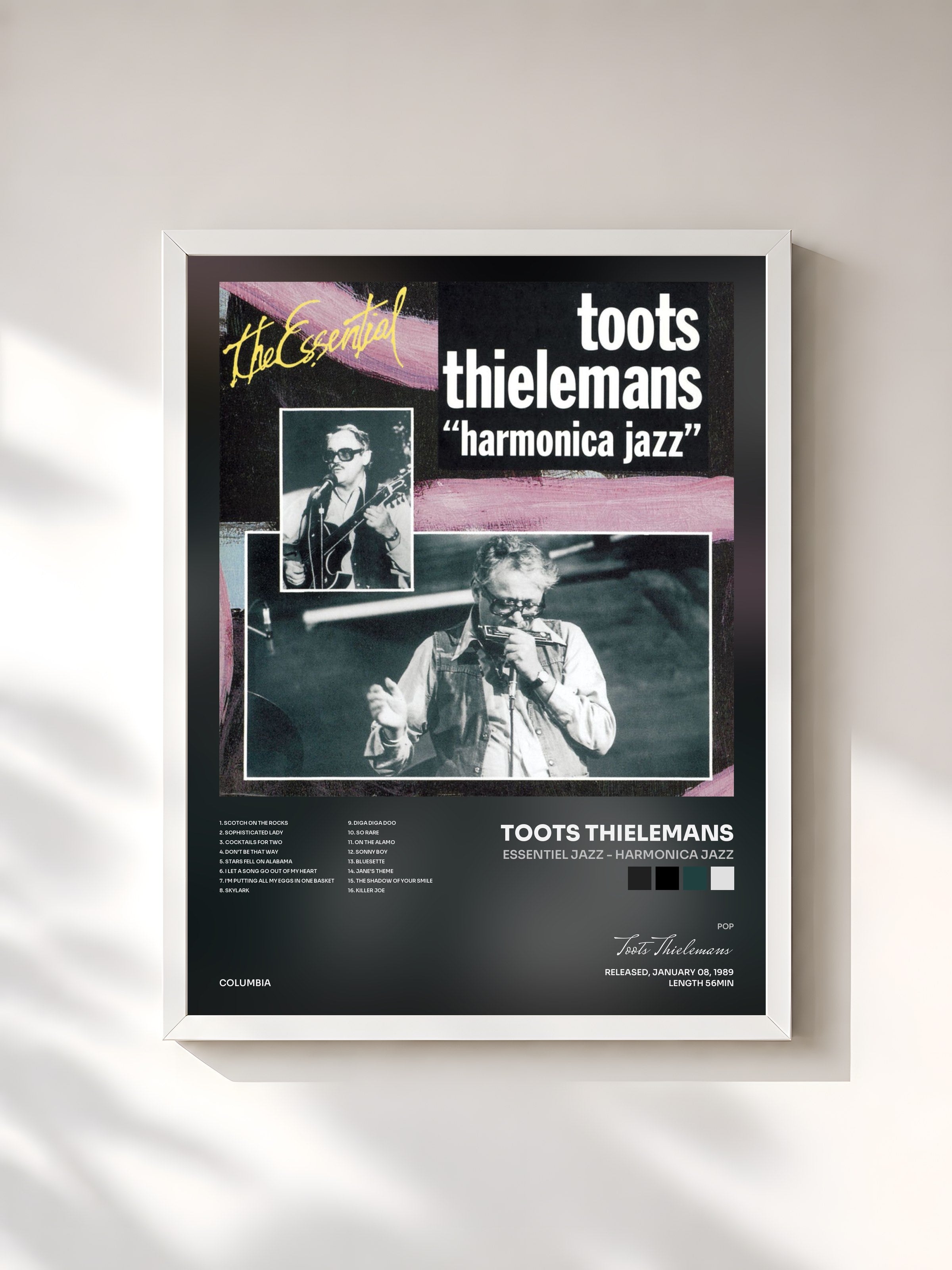#blanc Tableau de l'album Essentiel Jazz - Harmonica Jazz de Toots Thielemans, cadre blanc, imprimé et encadré en France
