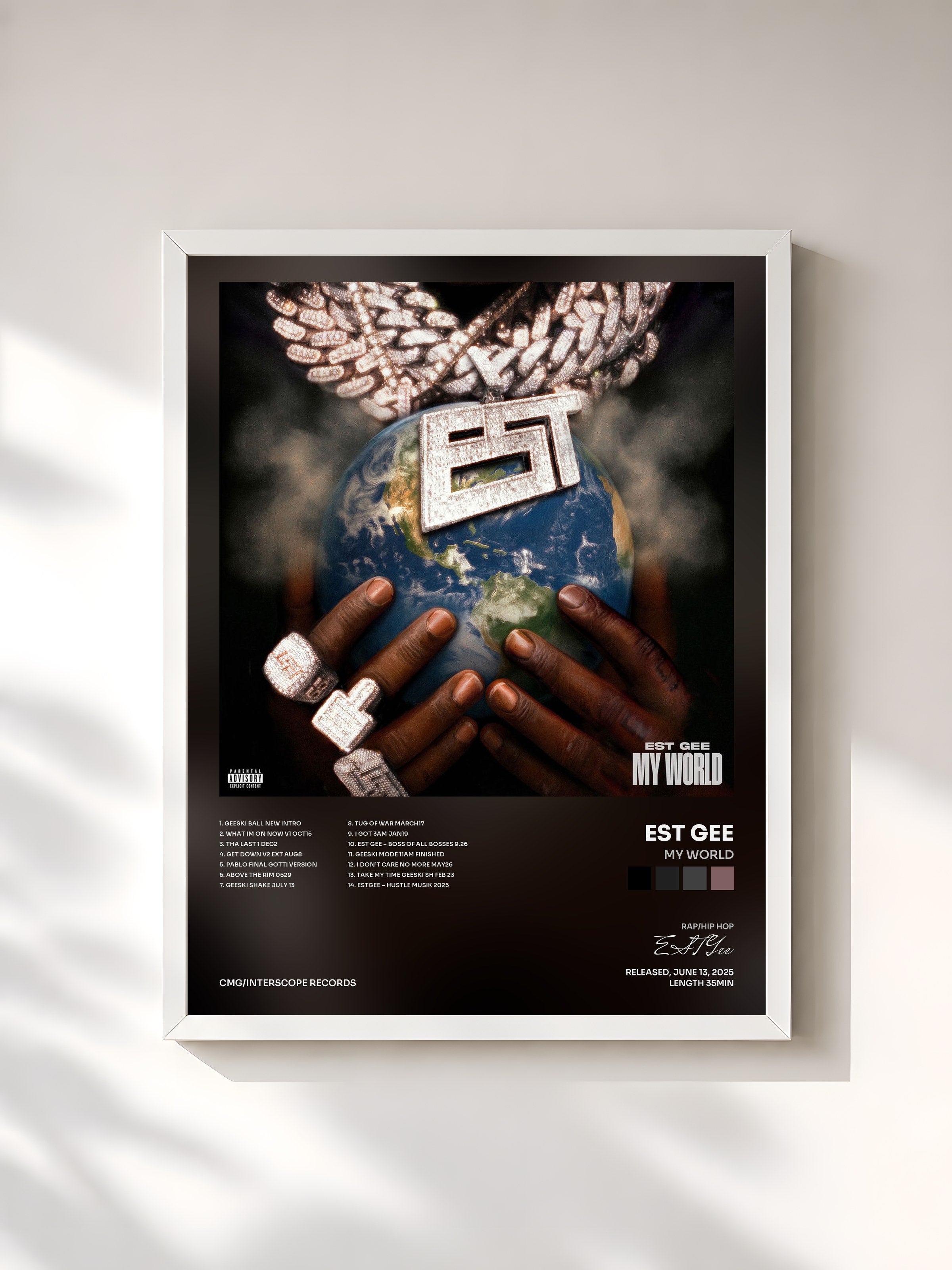 #blanc Tableau de l'album My World de EST Gee, cadre blanc, imprimé et encadré en France