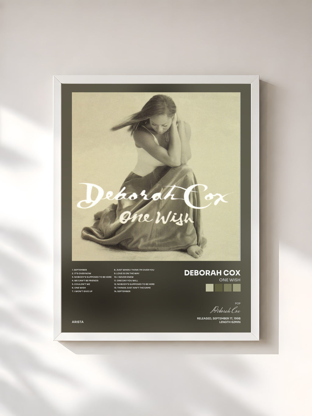 #blanc Tableau de l'album One Wish de Deborah Cox, cadre blanc, imprimé et encadré en France