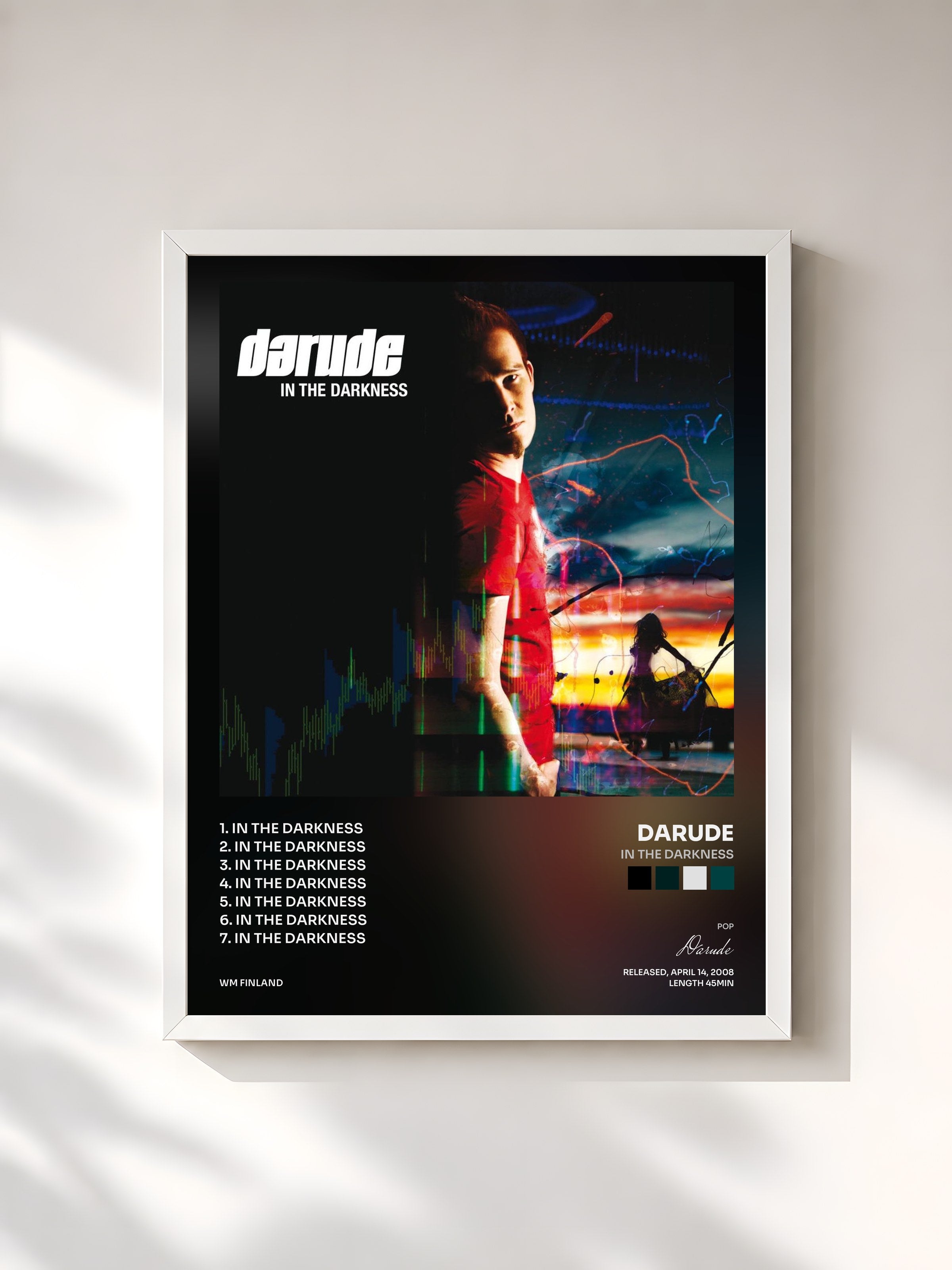 #blanc Tableau de l'album In The Darkness de Darude, cadre blanc, imprimé et encadré en France