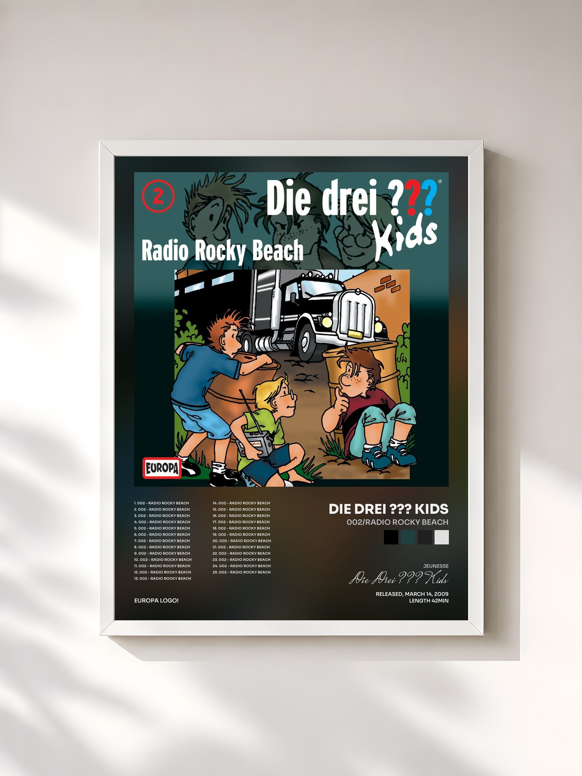 #blanc Tableau de l'album 002/Radio Rocky Beach de Die Drei ??? Kids, cadre blanc, imprimé et encadré en France