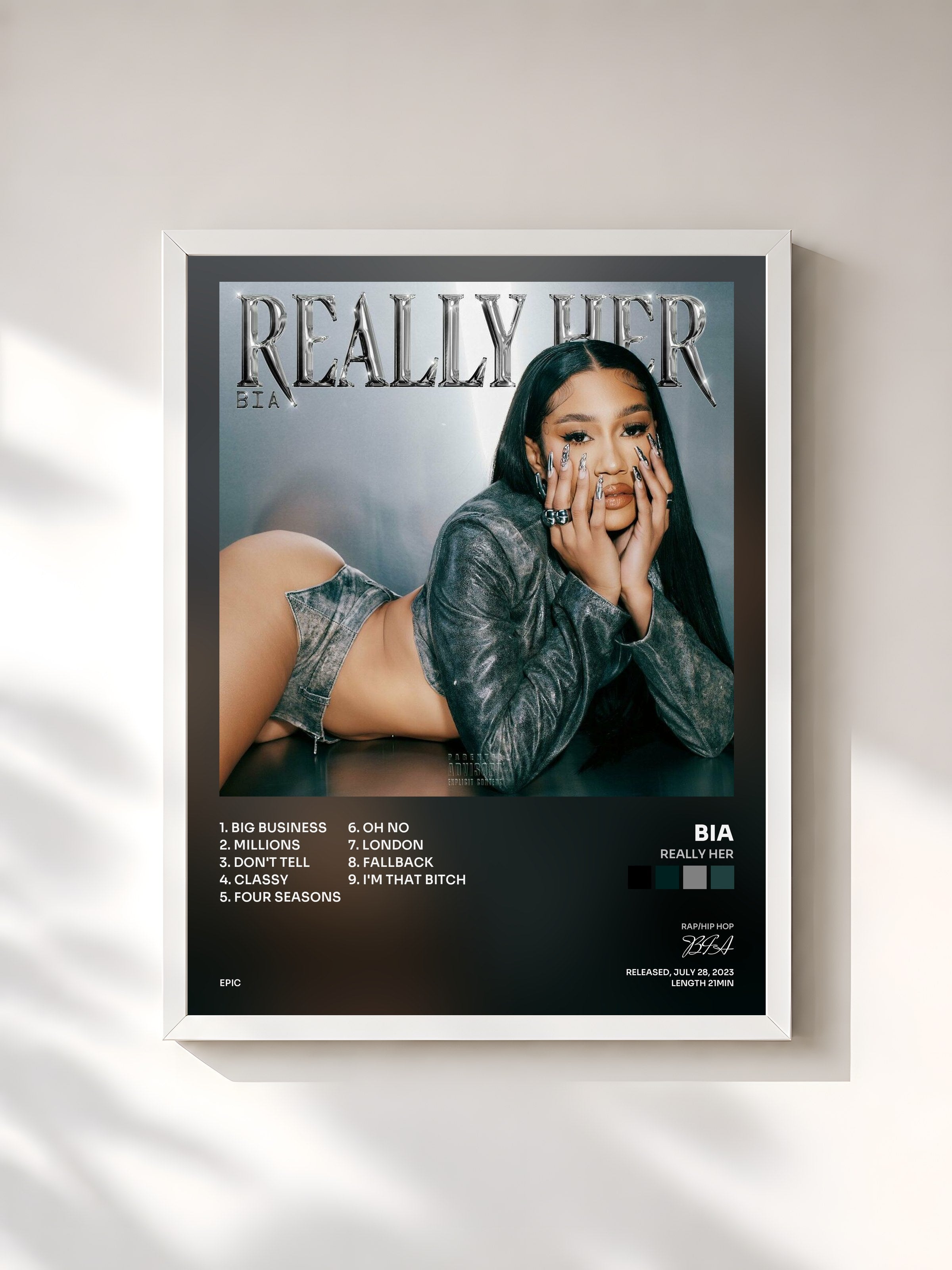 #blanc Tableau de l'album REALLY HER de BIA, cadre blanc, imprimé et encadré en France