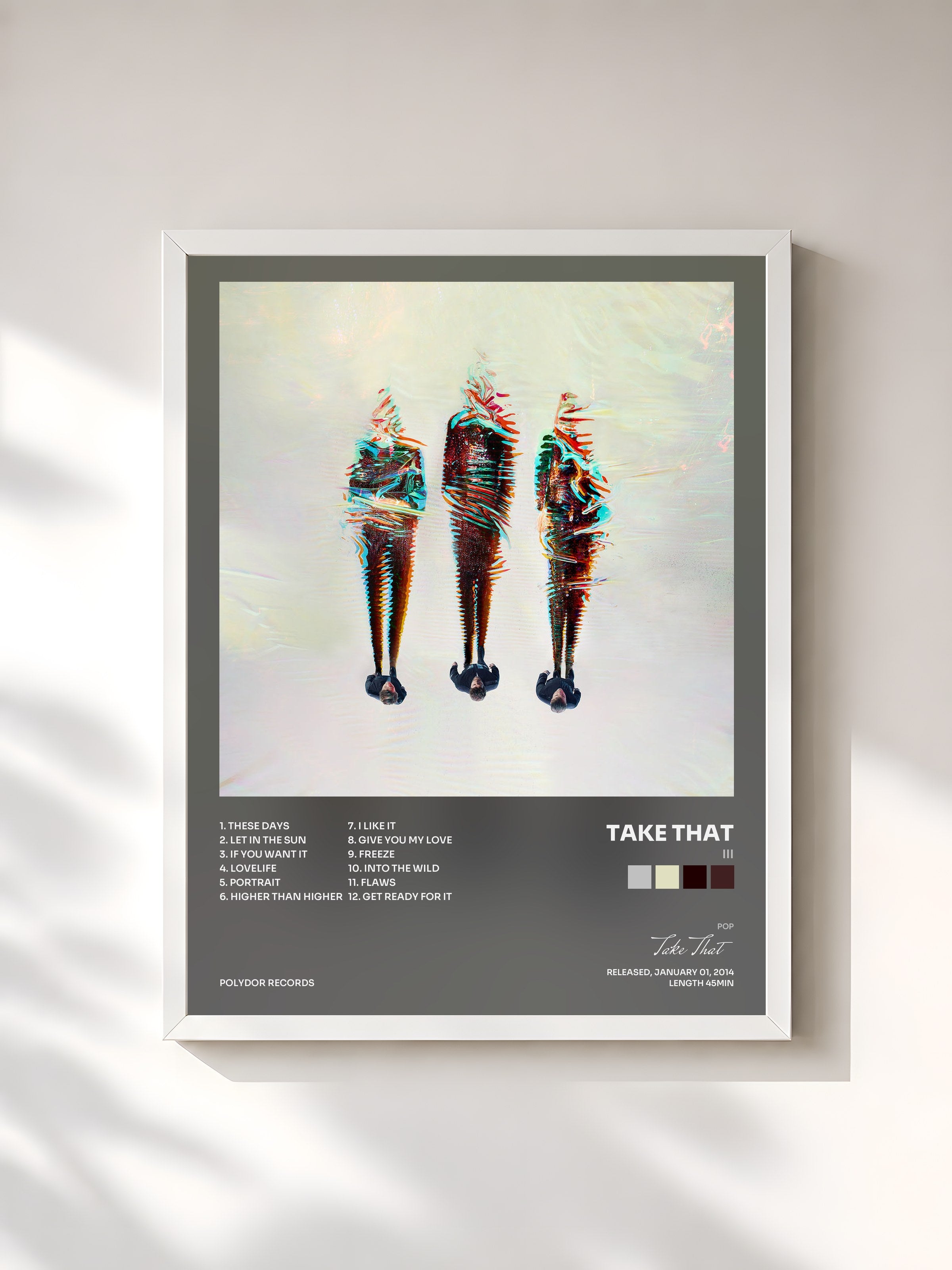 #blanc Tableau de l'album III de Take That, cadre blanc, imprimé et encadré en France