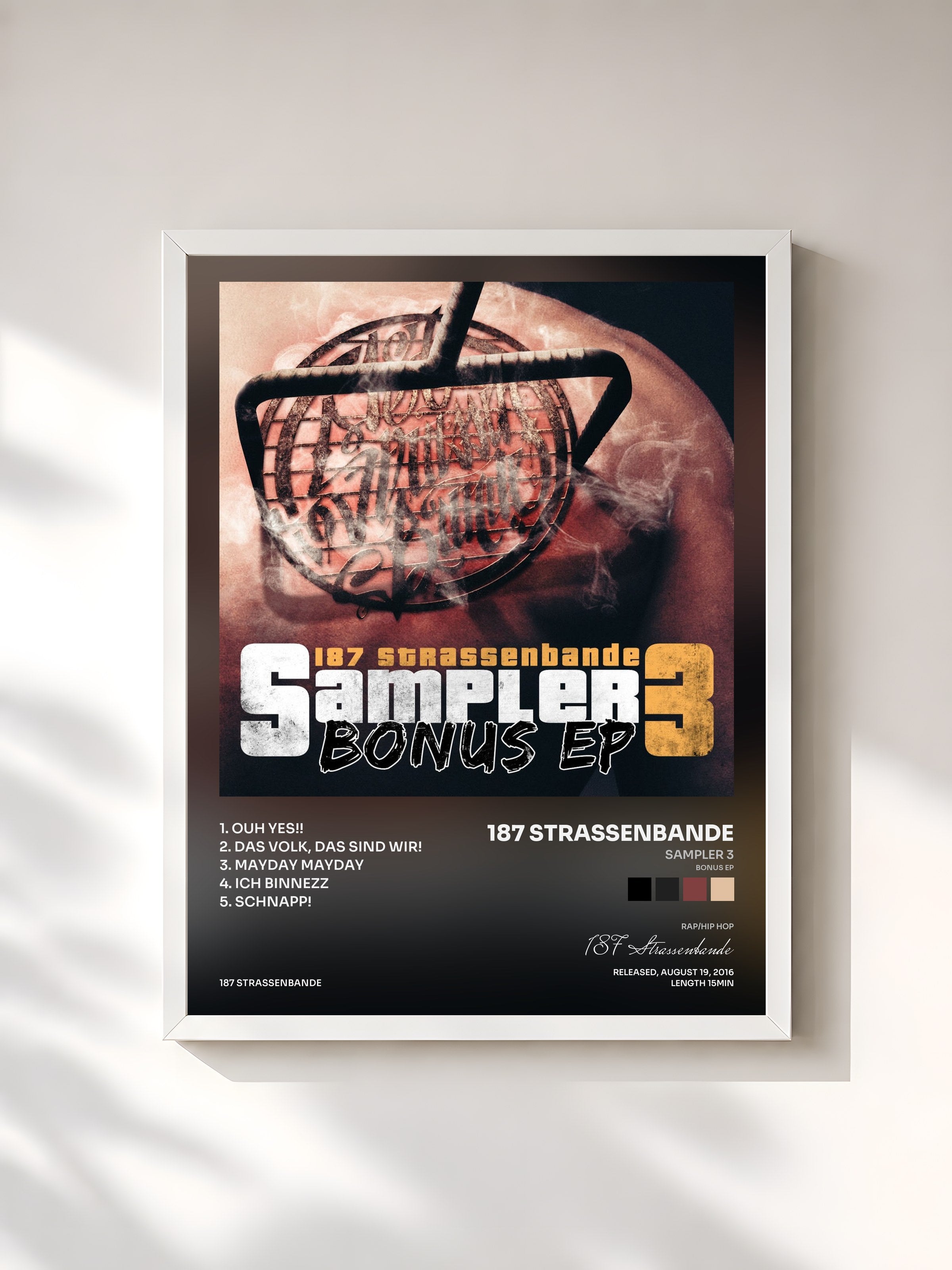 #blanc Tableau de l'album Sampler 3 (Bonus EP) de 187 Strassenbande, cadre blanc, imprimé et encadré en France