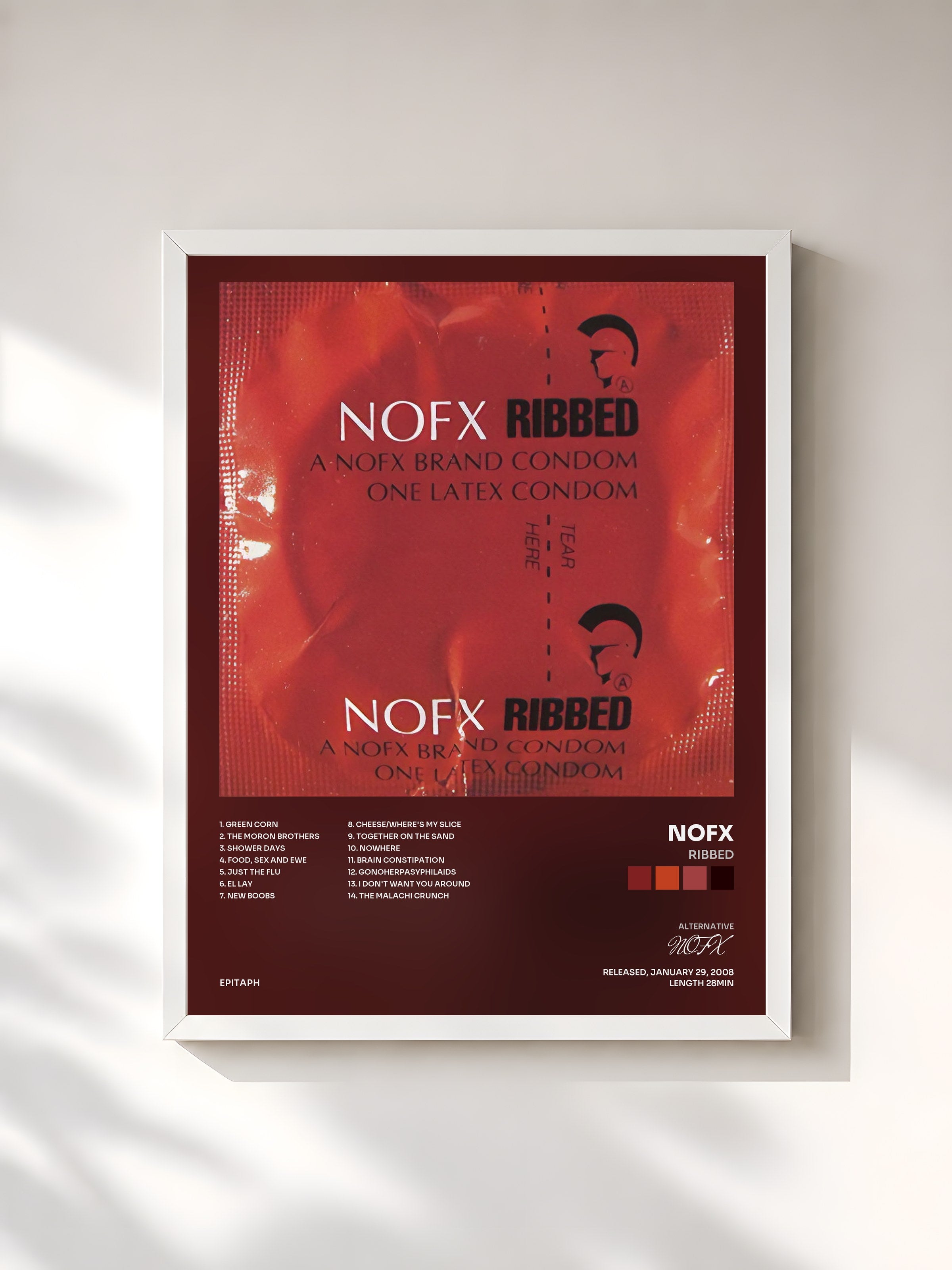#blanc Tableau de l'album Ribbed de NOFX, cadre blanc, imprimé et encadré en France