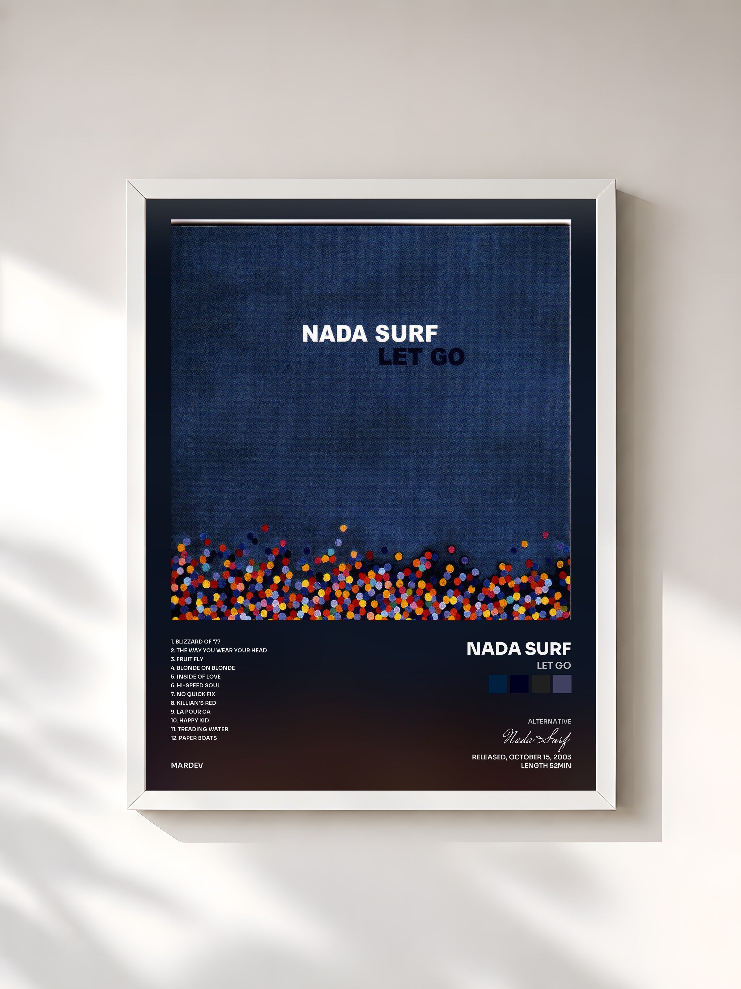 #blanc Tableau de l'album Let Go de Nada Surf, cadre blanc, imprimé et encadré en France