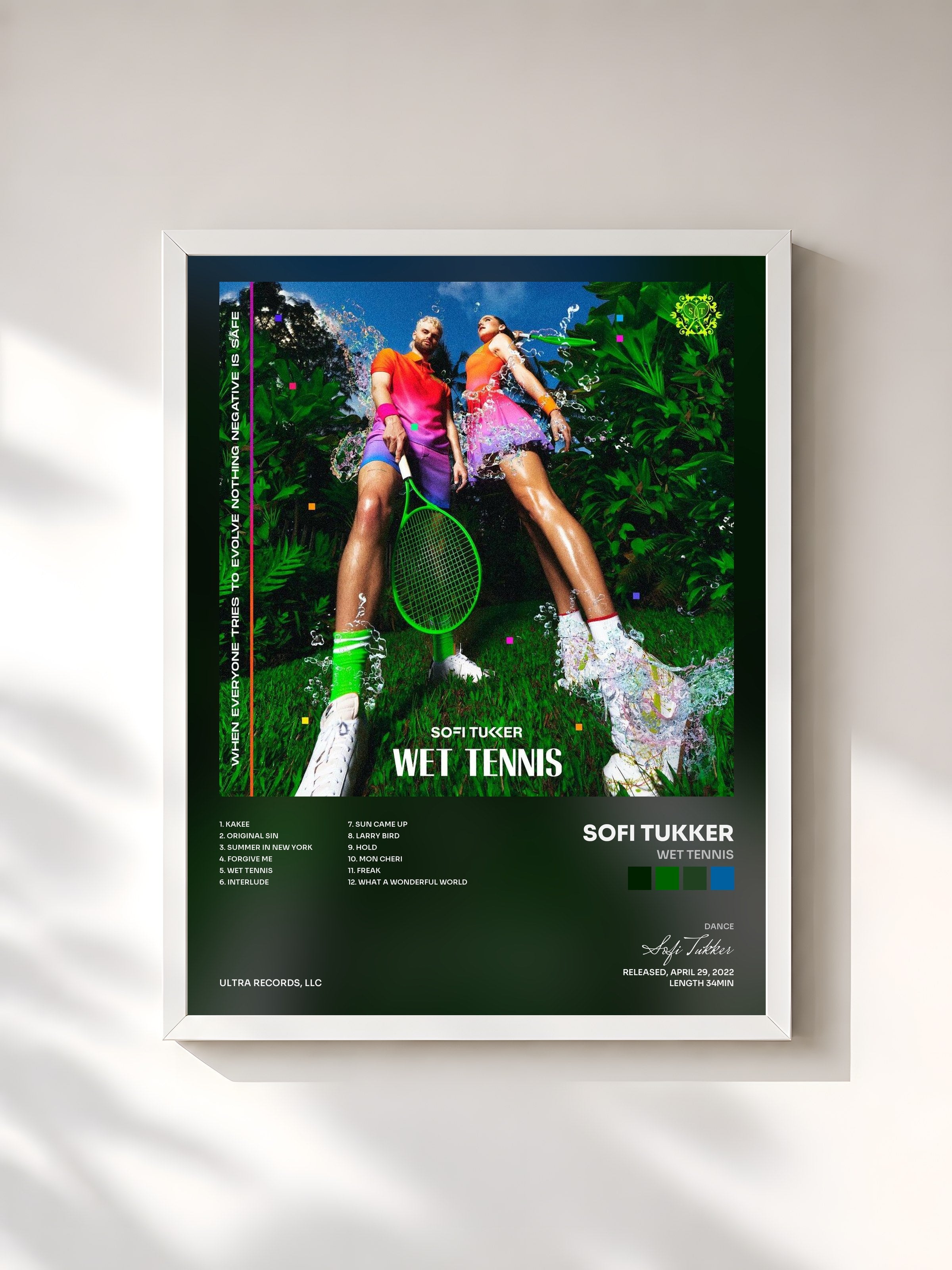 #blanc Tableau de l'album WET TENNIS de Sofi Tukker, cadre blanc, imprimé et encadré en France