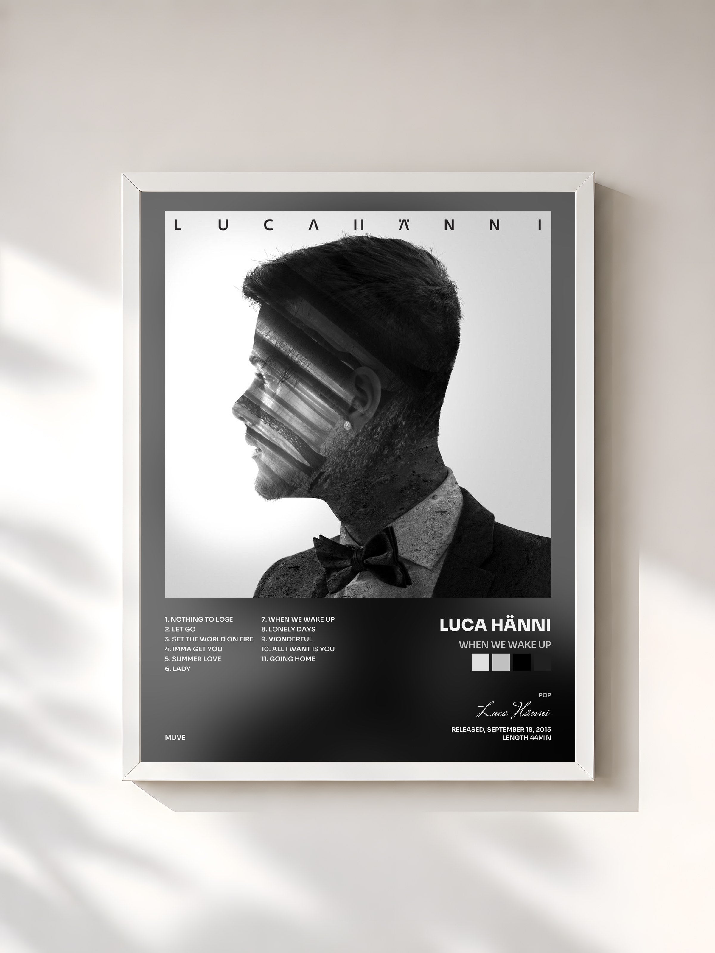 #blanc Tableau de l'album When We Wake Up de Luca Hänni, cadre blanc, imprimé et encadré en France