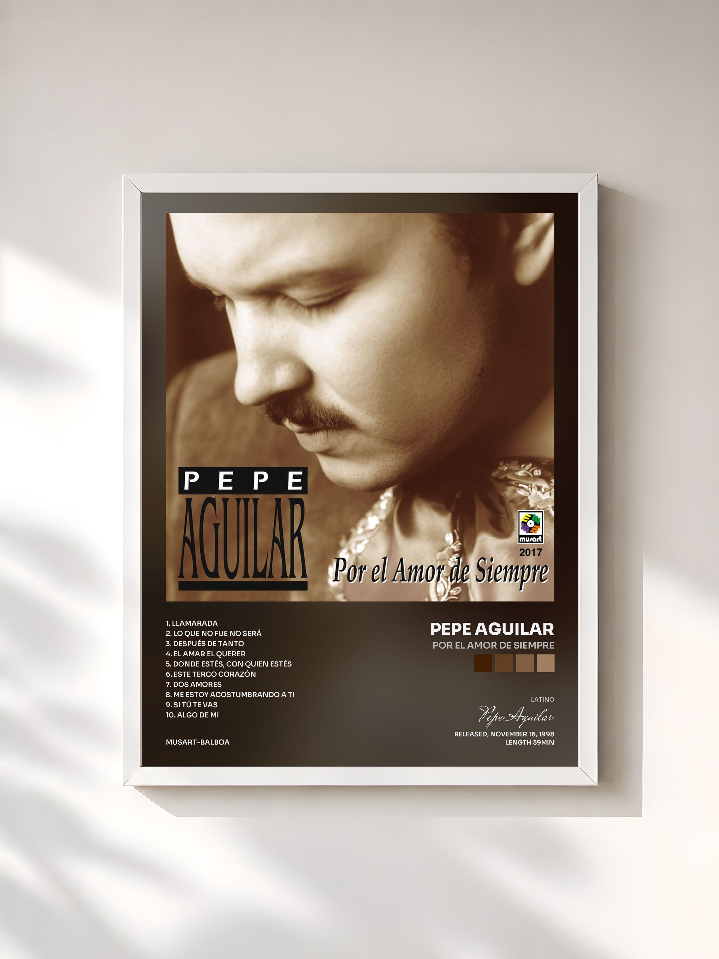 #blanc Tableau de l'album Por El Amor De Siempre de Pepe Aguilar, cadre blanc, imprimé et encadré en France