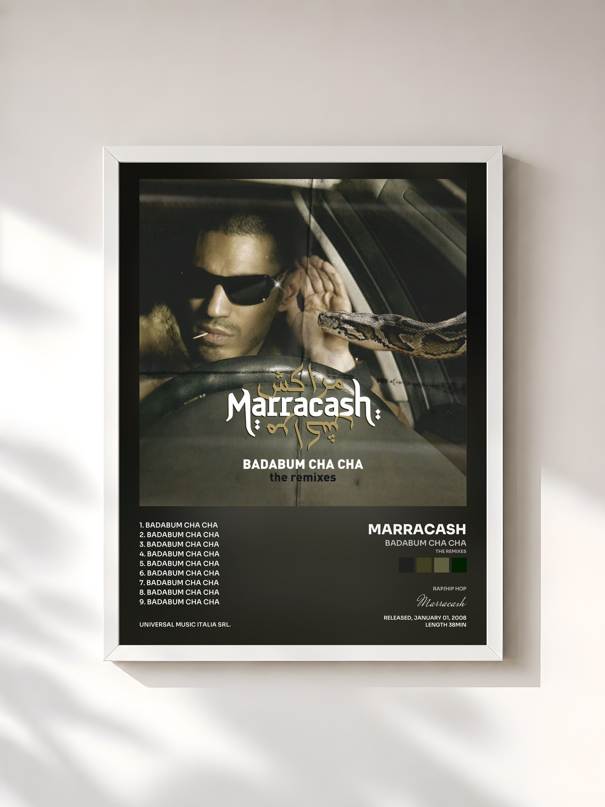 #blanc Tableau de l'album Badabum Cha Cha (The Remixes) de Marracash, cadre blanc, imprimé et encadré en France