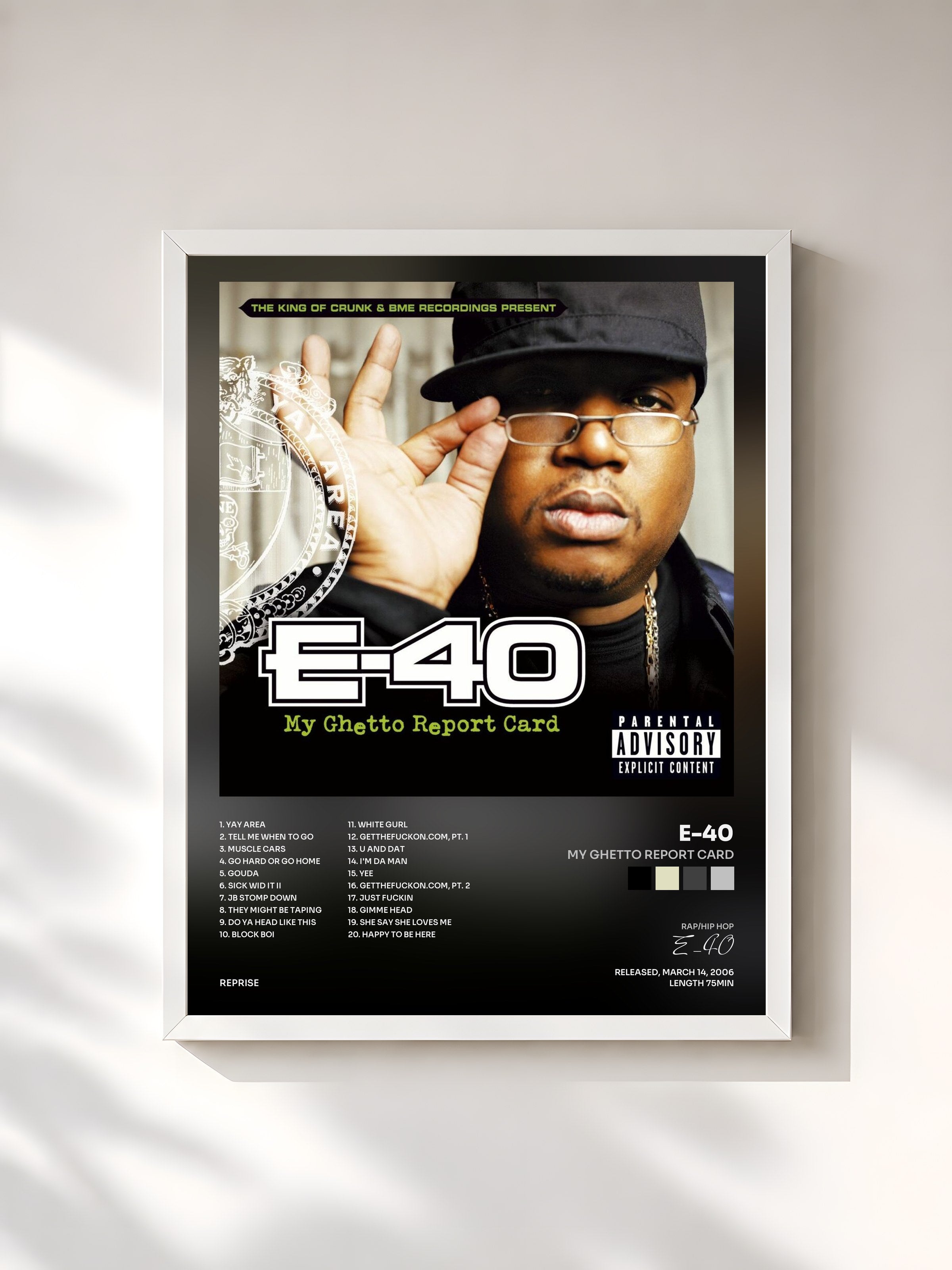 #blanc Tableau de l'album My Ghetto Report Card de E-40, cadre blanc, imprimé et encadré en France