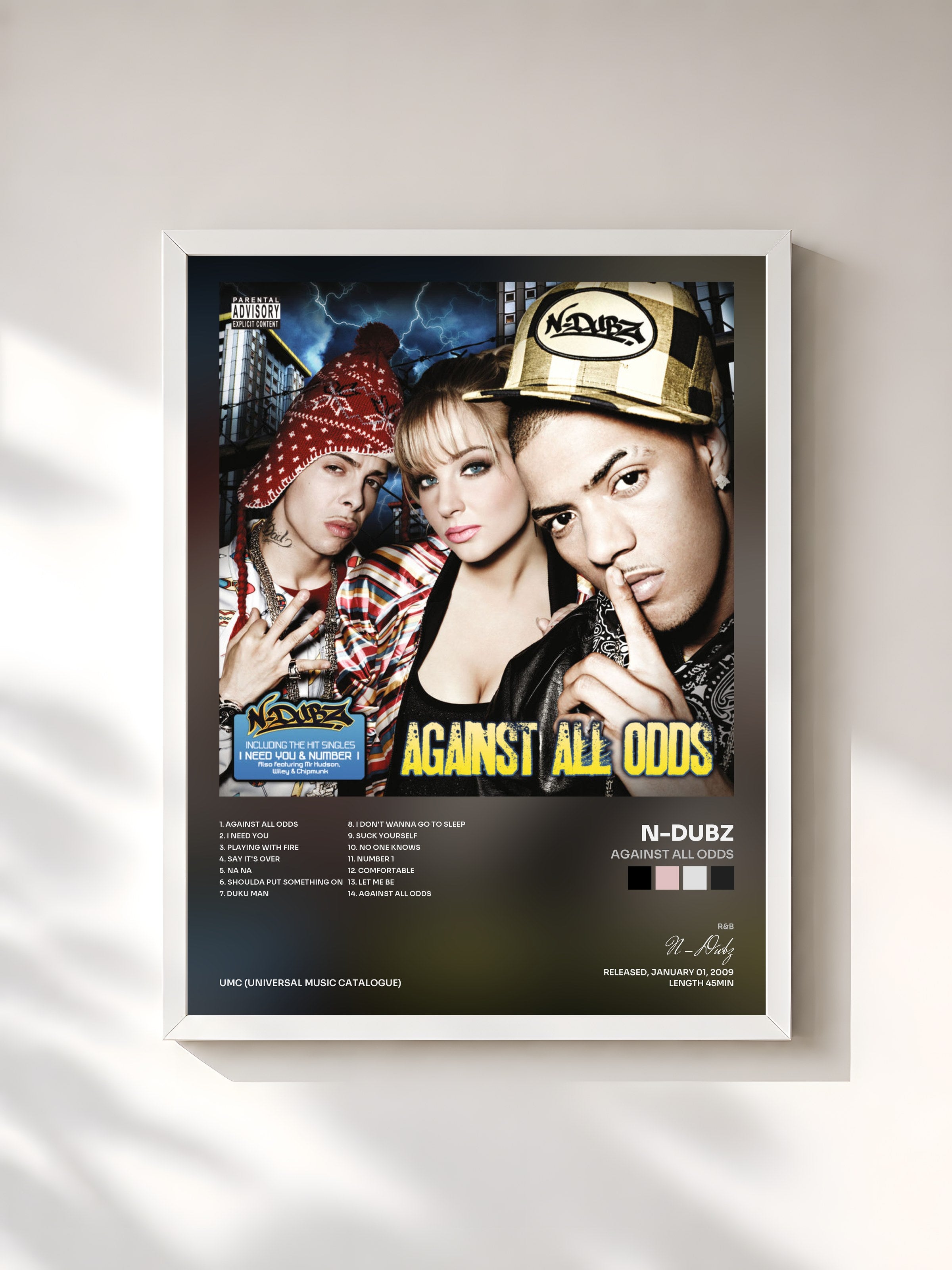 #blanc Tableau de l'album Against All Odds de N-Dubz, cadre blanc, imprimé et encadré en France