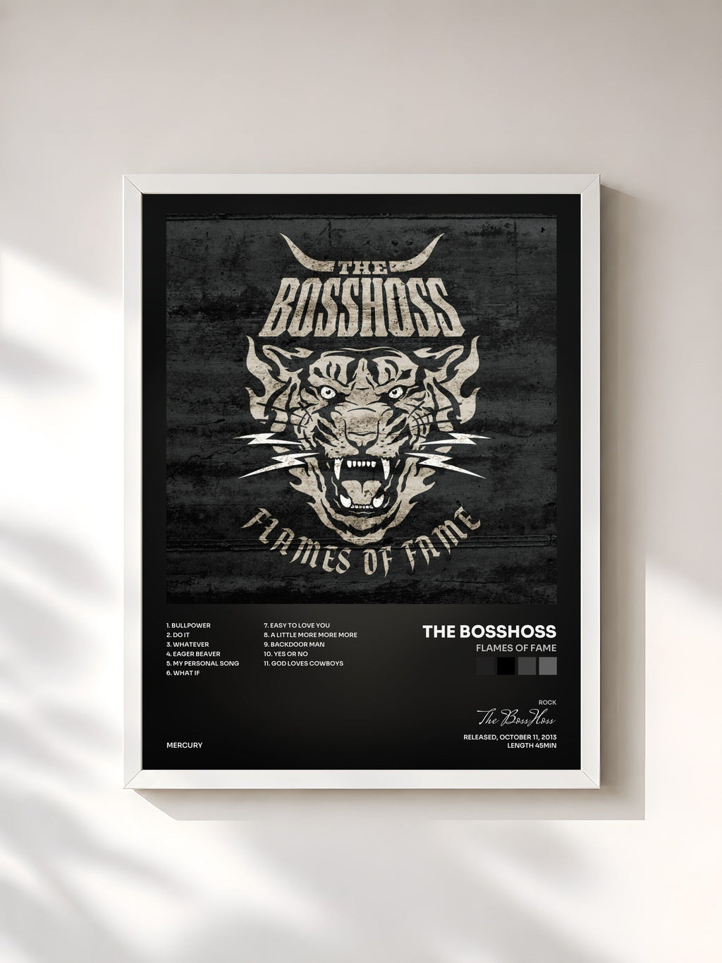 #blanc Tableau de l'album Flames Of Fame de The BossHoss, cadre blanc, imprimé et encadré en France