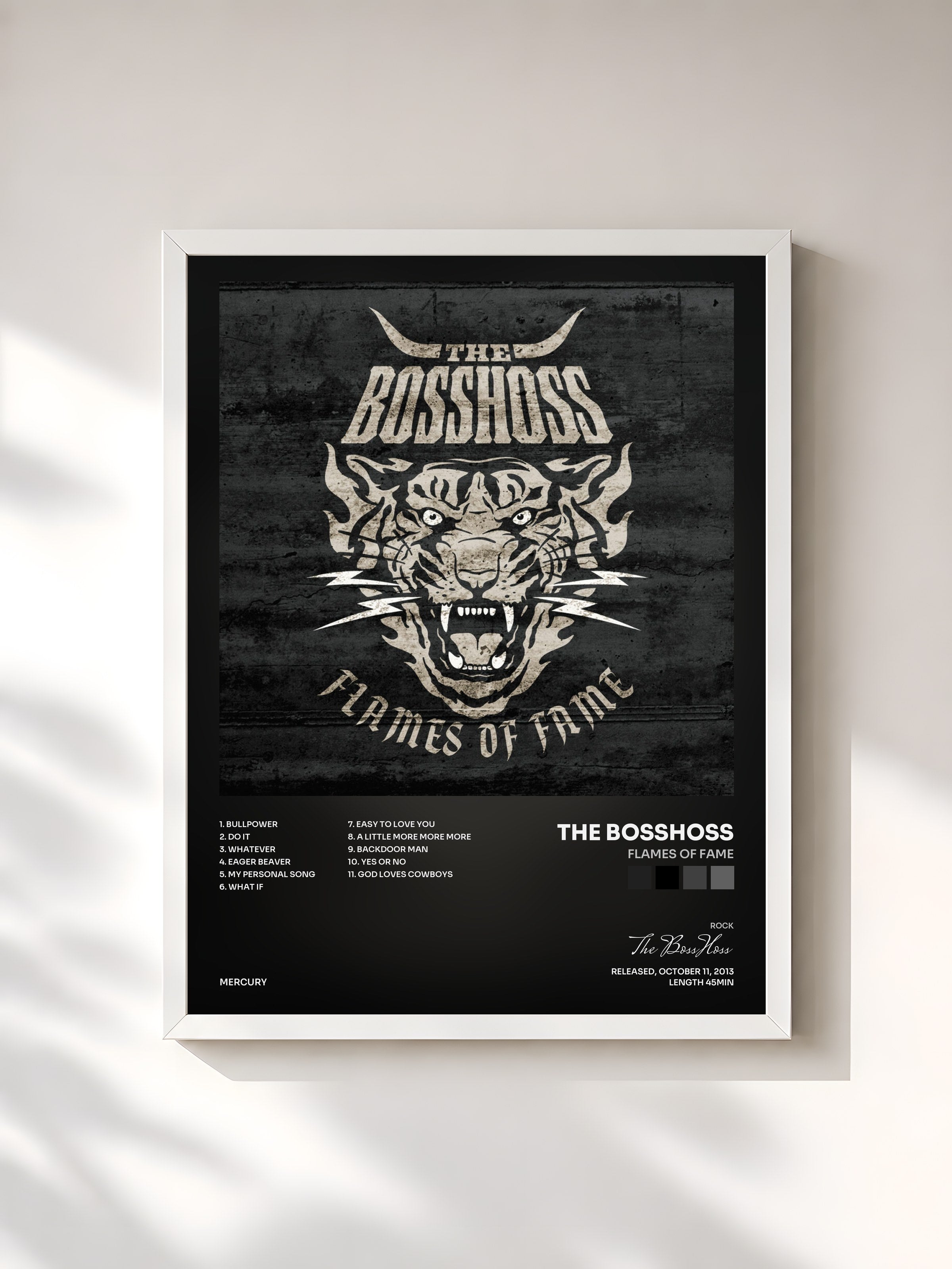 #blanc Tableau de l'album Flames Of Fame de The BossHoss, cadre blanc, imprimé et encadré en France