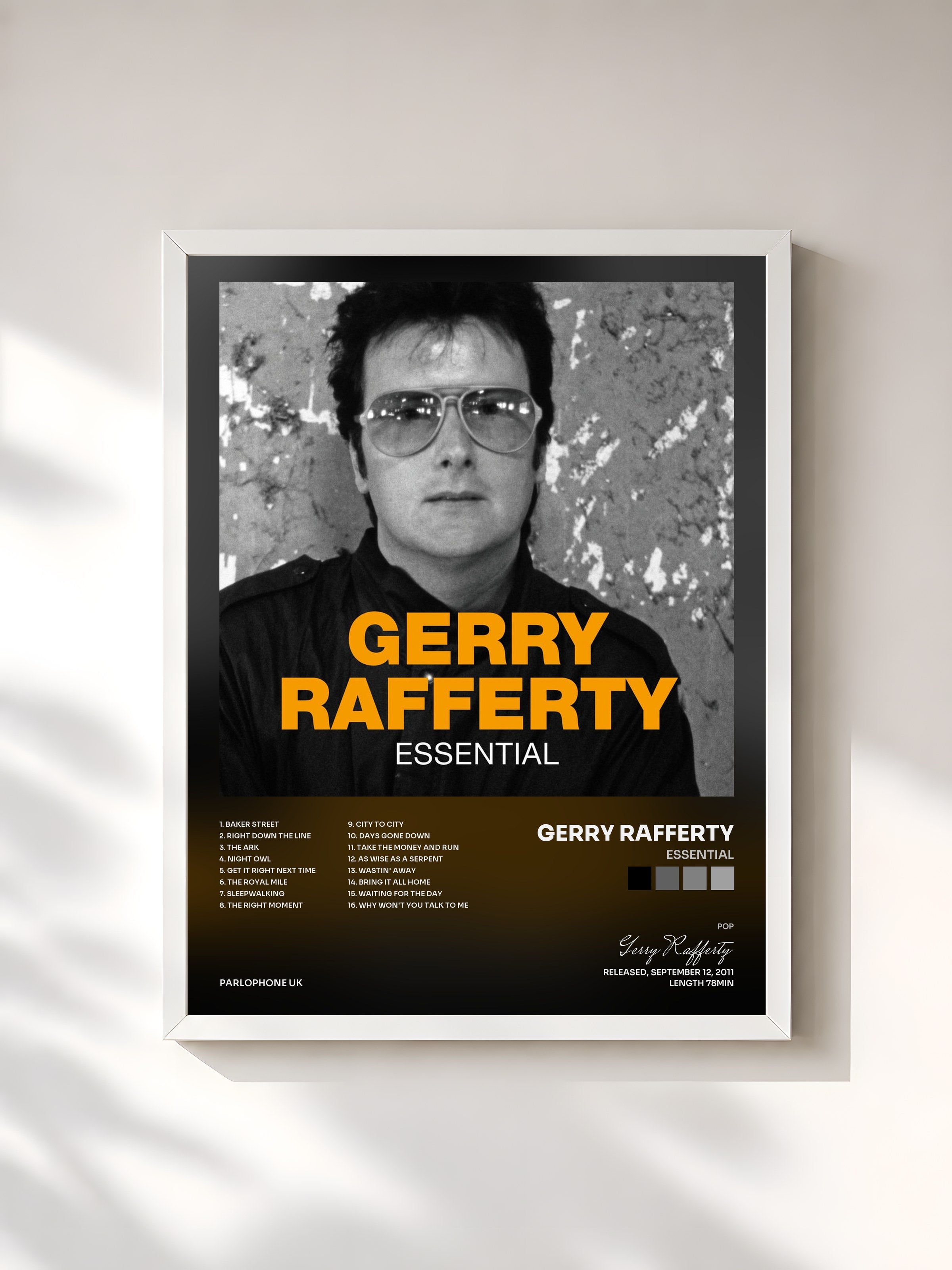 #blanc Tableau de l'album Essential de Gerry Rafferty, cadre blanc, imprimé et encadré en France