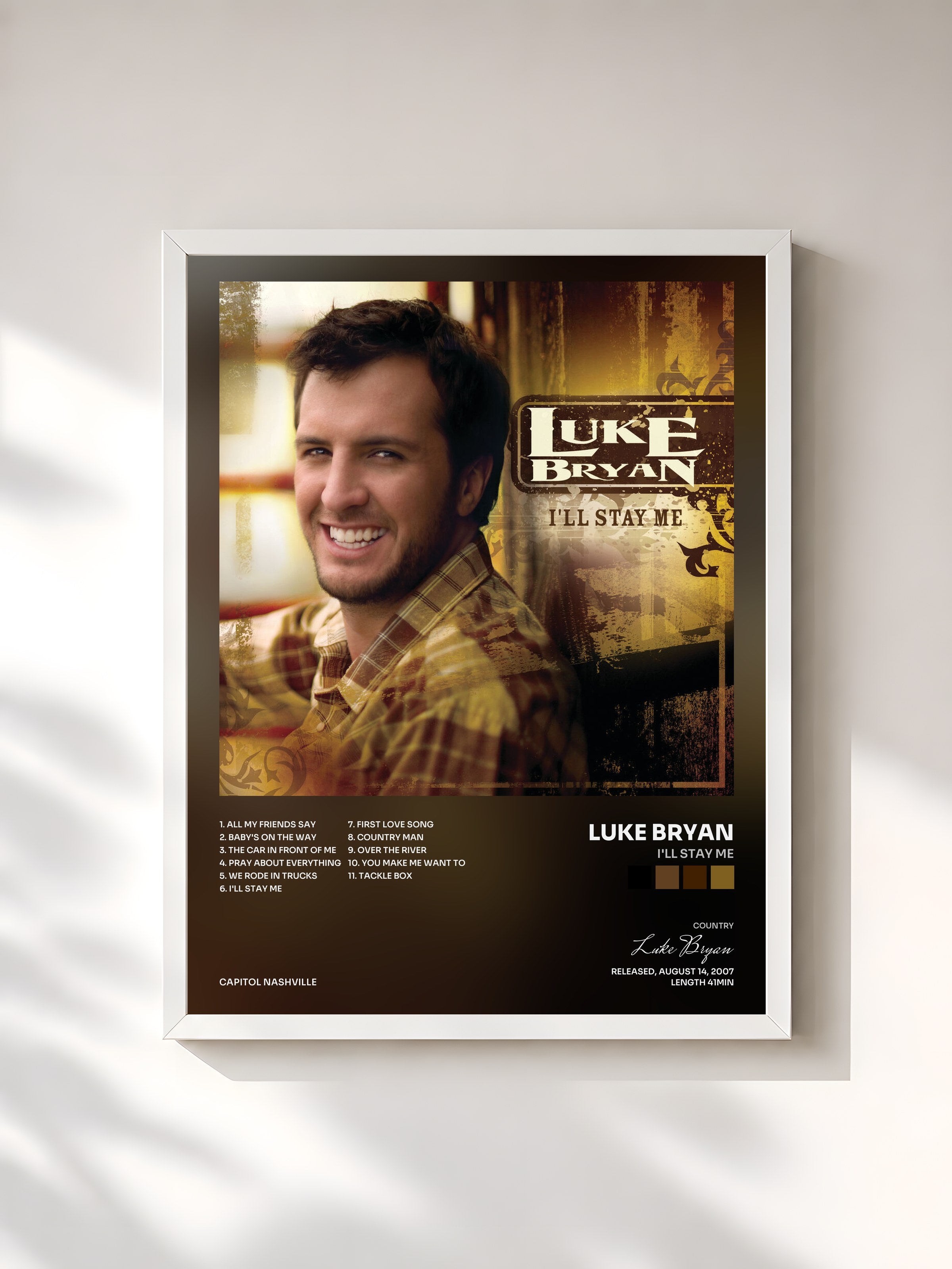 #blanc Tableau de l'album I'll Stay Me de Luke Bryan, cadre blanc, imprimé et encadré en France