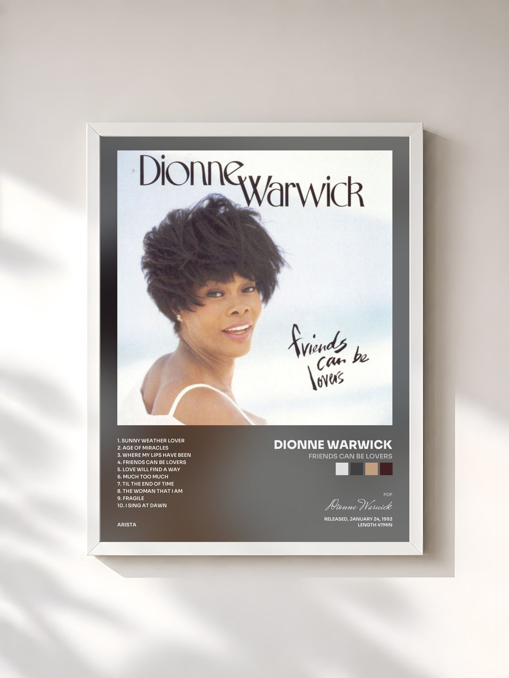 #blanc Tableau de l'album Friends Can Be Lovers de Dionne Warwick, cadre blanc, imprimé et encadré en France