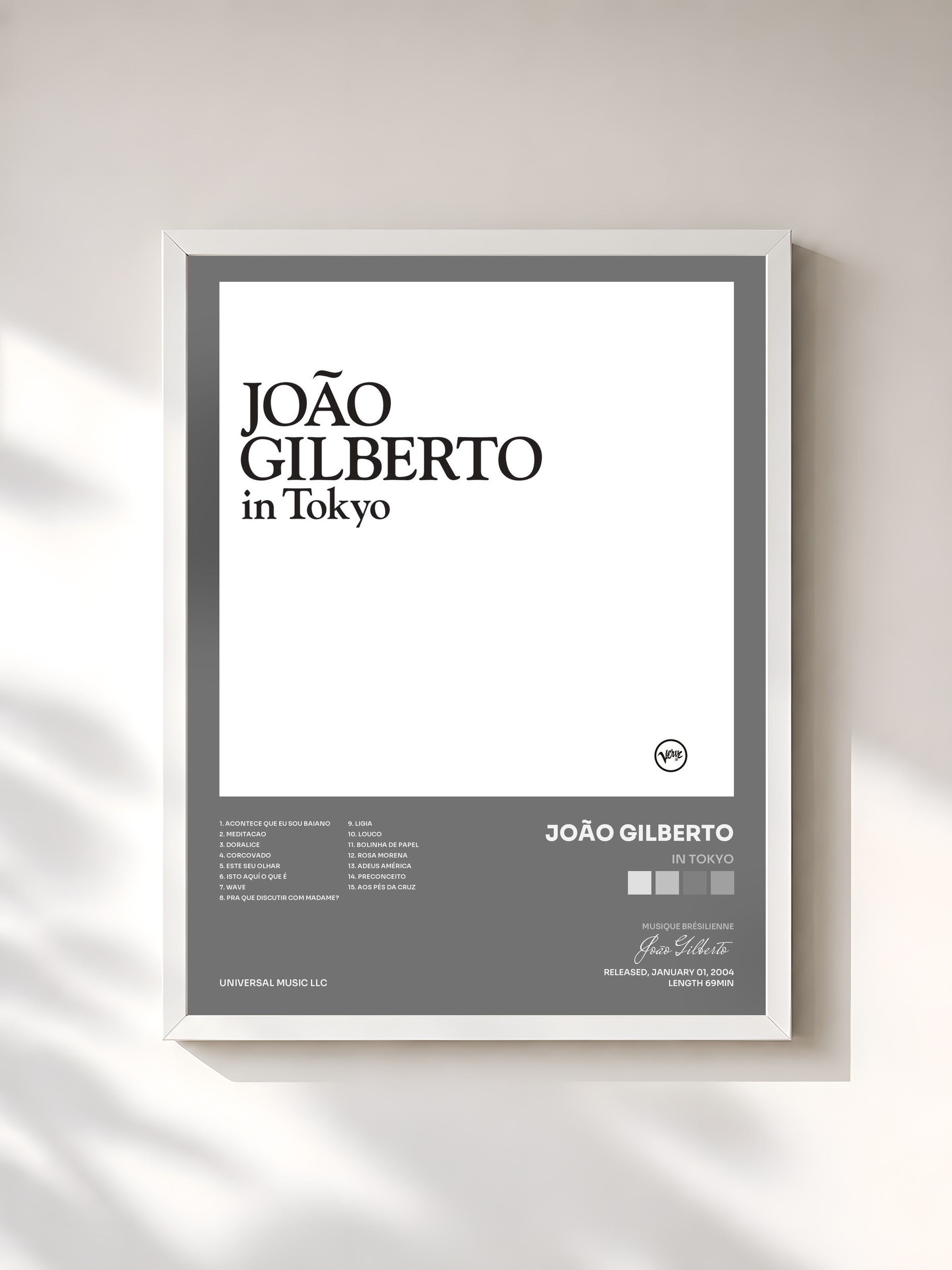 #blanc Tableau de l'album In Tokyo de João Gilberto, cadre blanc, imprimé et encadré en France