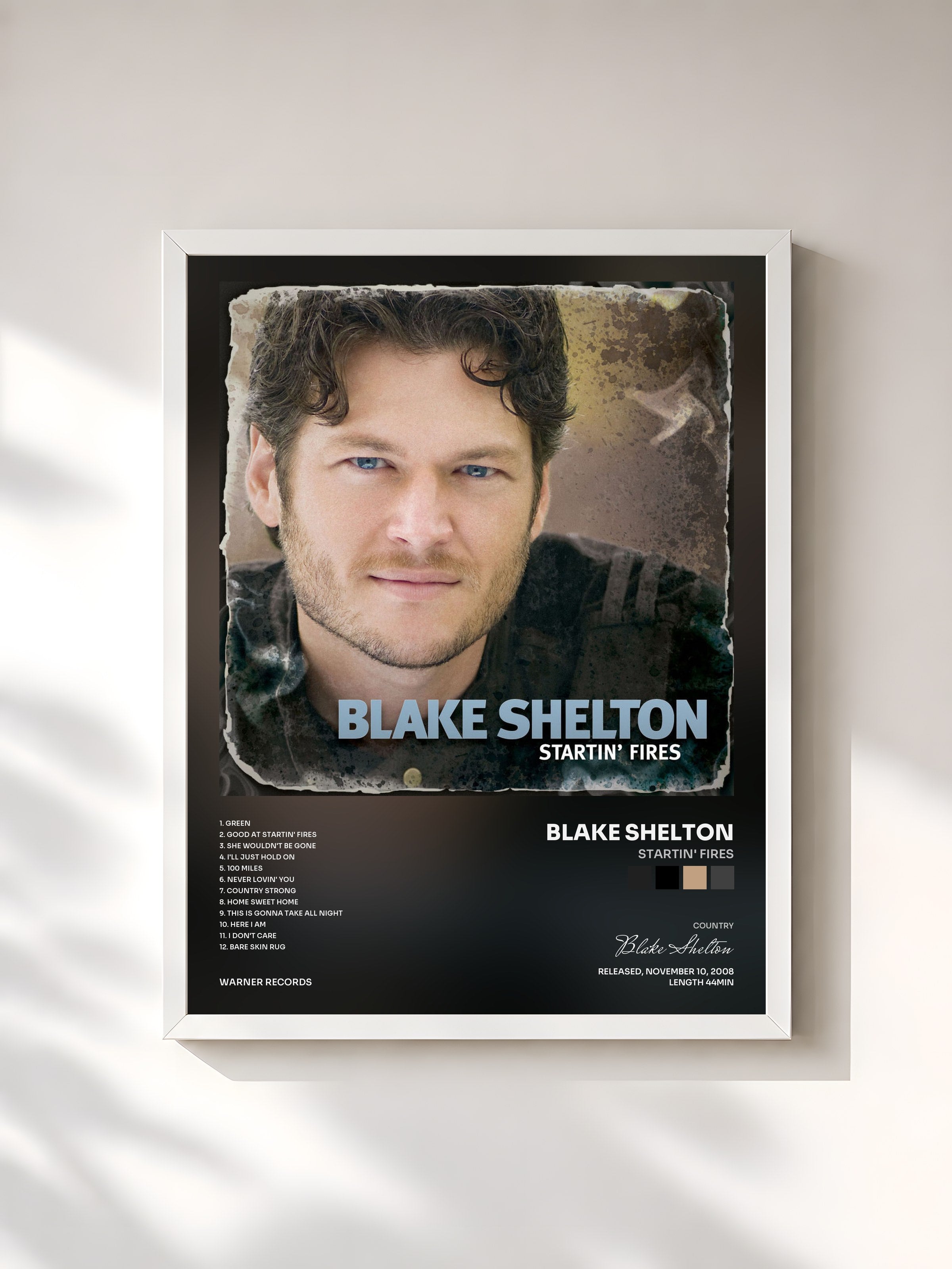 #blanc Tableau de l'album Startin' Fires de Blake Shelton, cadre blanc, imprimé et encadré en France