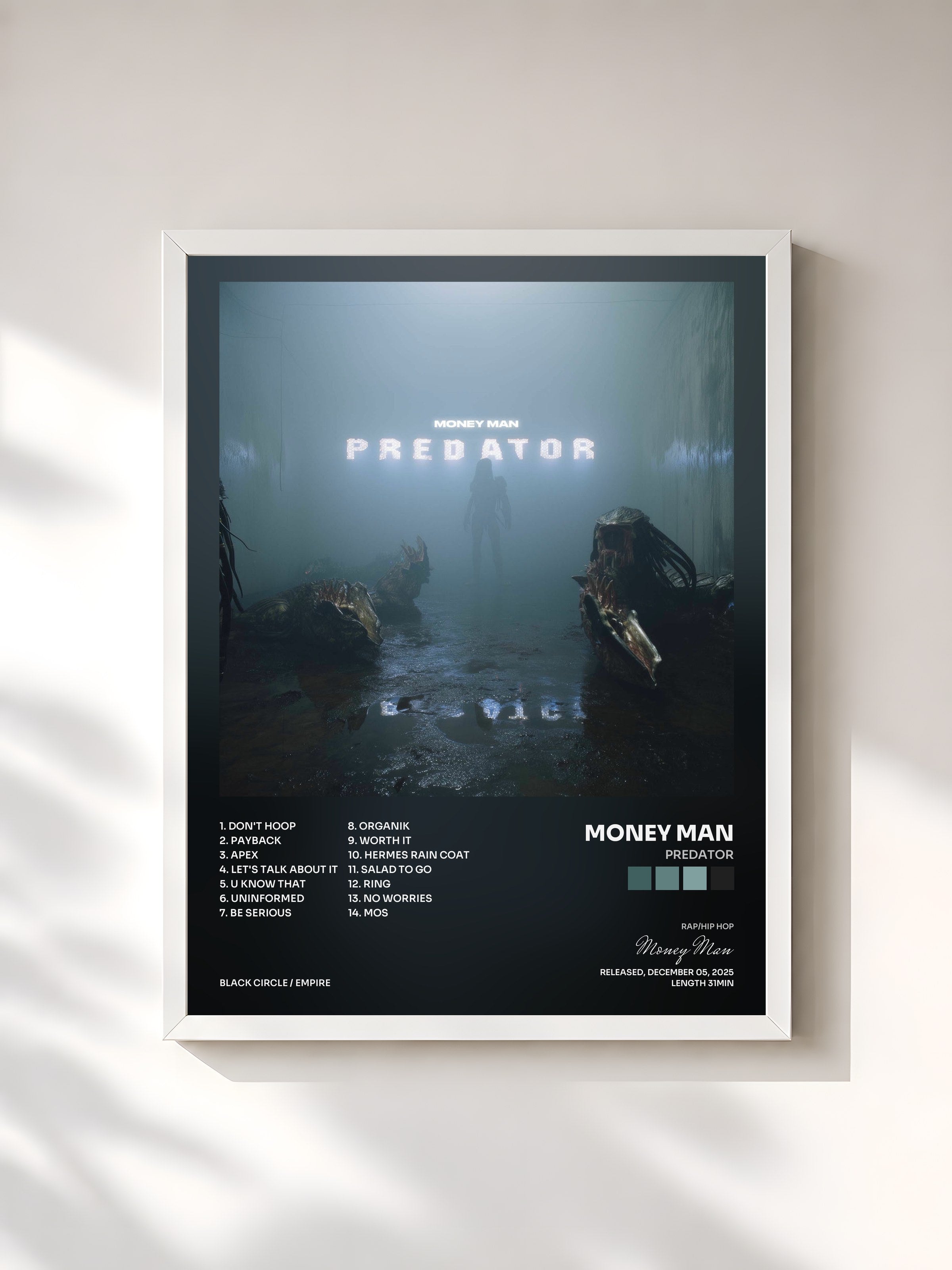#blanc Tableau de l'album Predator de Money Man, cadre blanc, imprimé et encadré en France